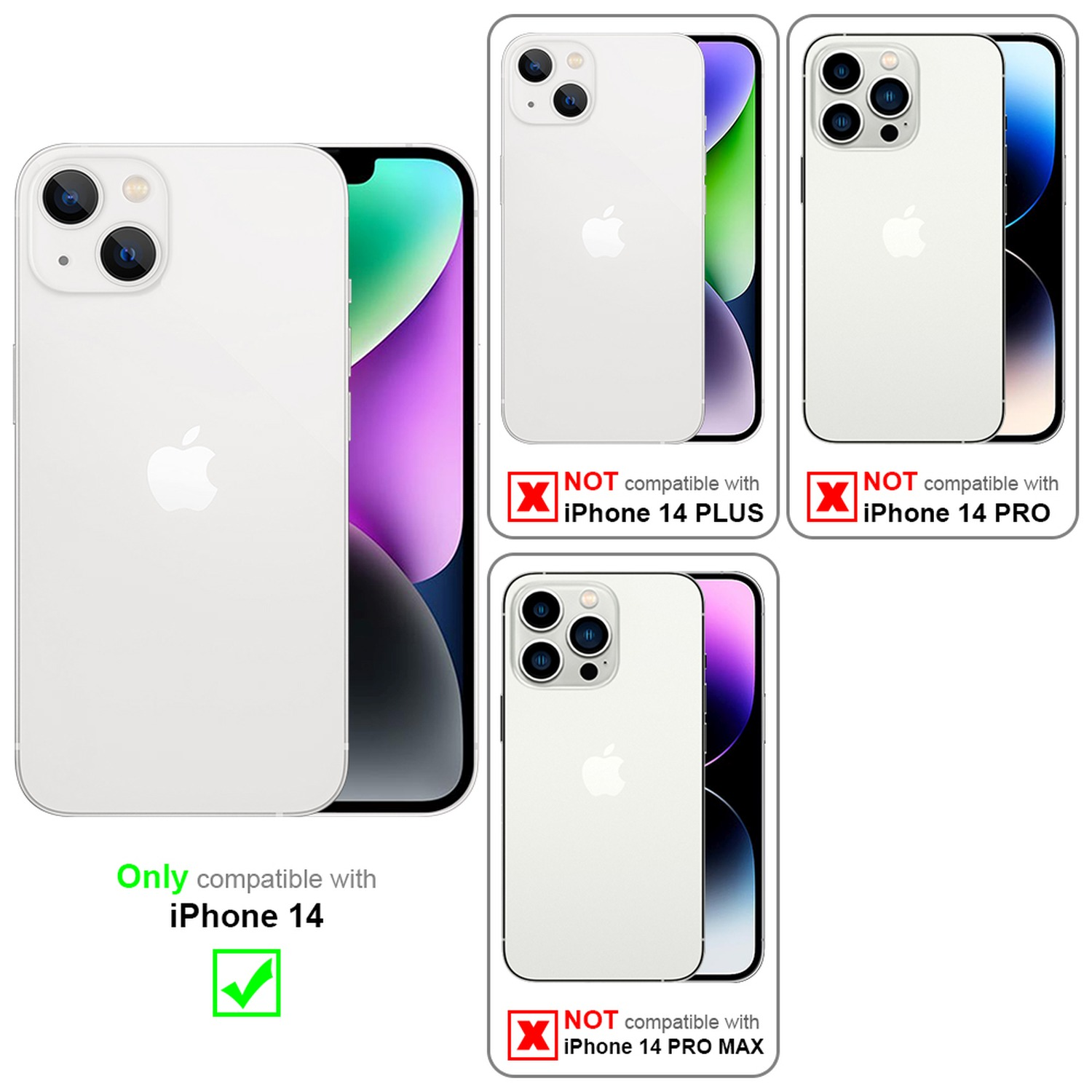 Handyhüllen mit Kompatibilitätsinformationen. Weißer Hintergrund.