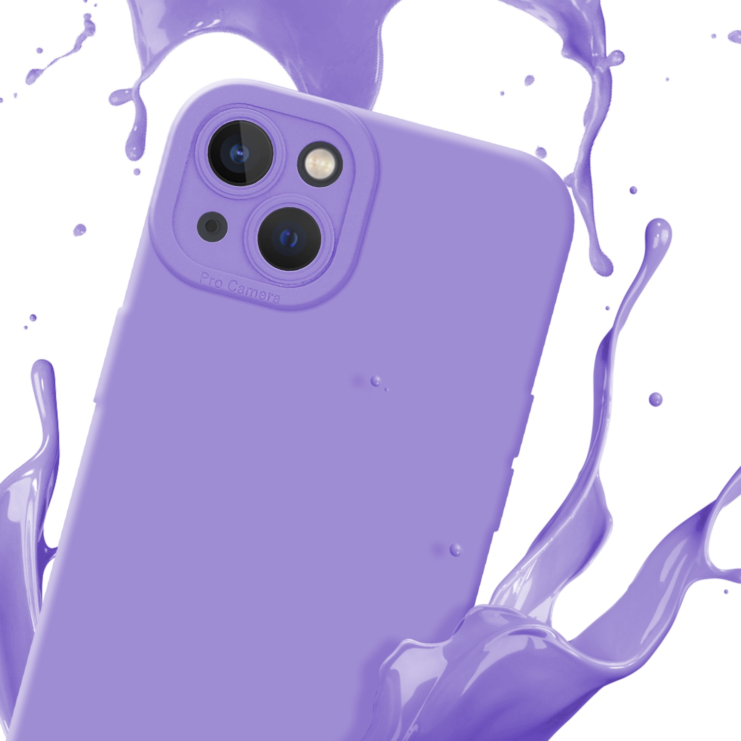 Custodia per telefono viola con uno schizzo di liquido viola attorno alla fotocamera.