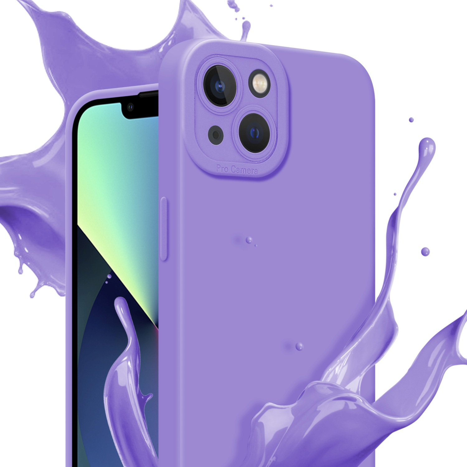 Custodia per telefono viola con effetto splash. Un telefono è all'interno. Testo 'Pro Camera' visibile.