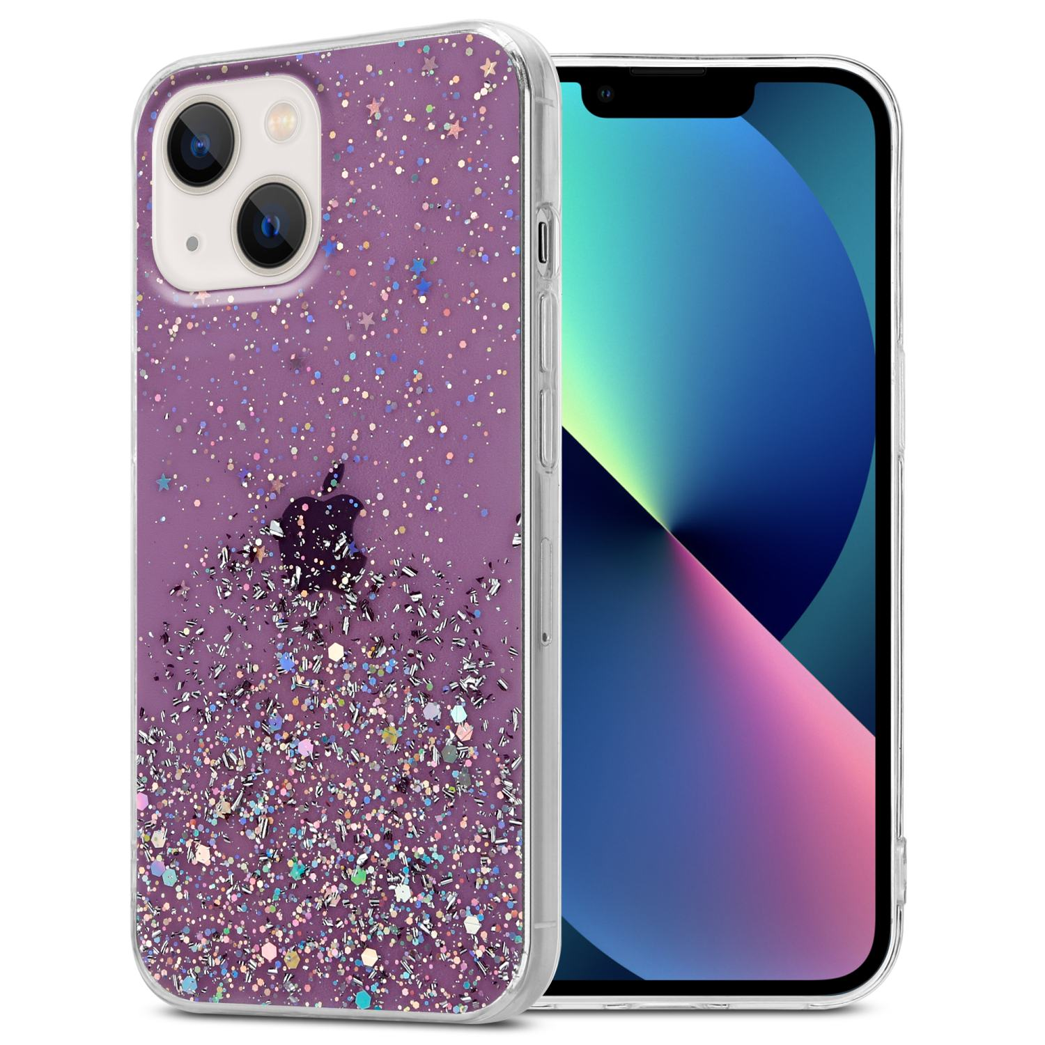Ein Telefon in einer glitzernden lila Hülle, mit einer transparenten Hülle daneben.