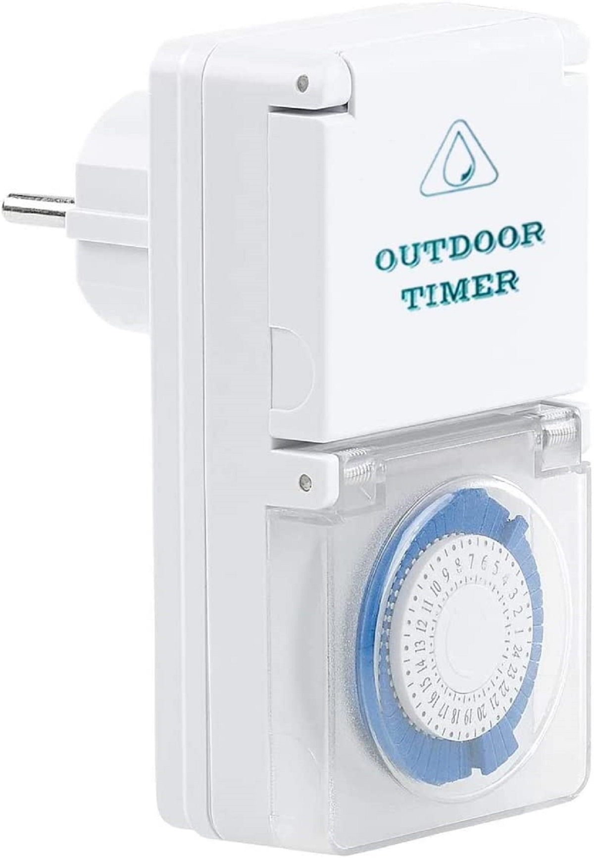 Temporizador para exteriores blanco con esfera azul y texto 'Outdoor Timer'.