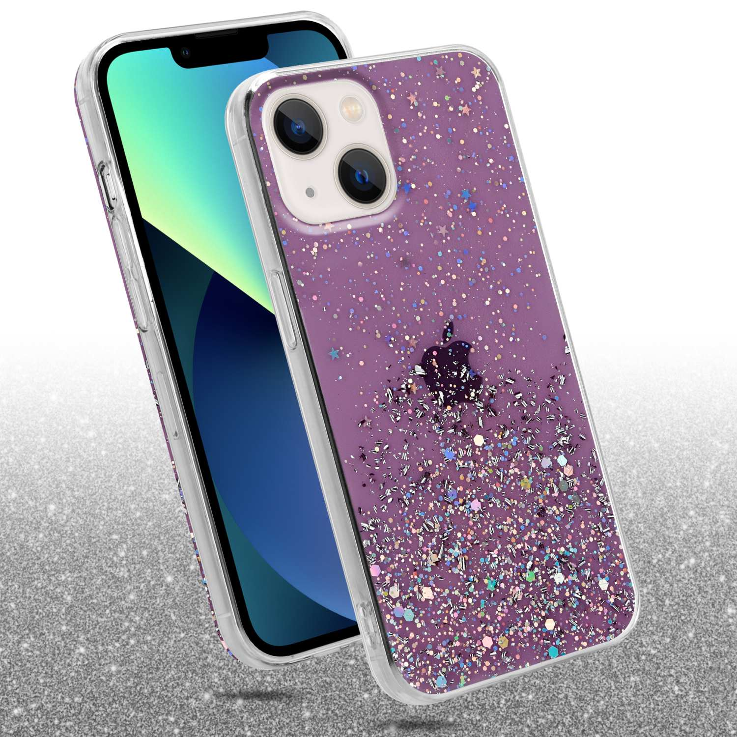 iPhone mit lila, glitzerndem Case. Telefon und Case befinden sich vor einer glitzernden Oberfläche.