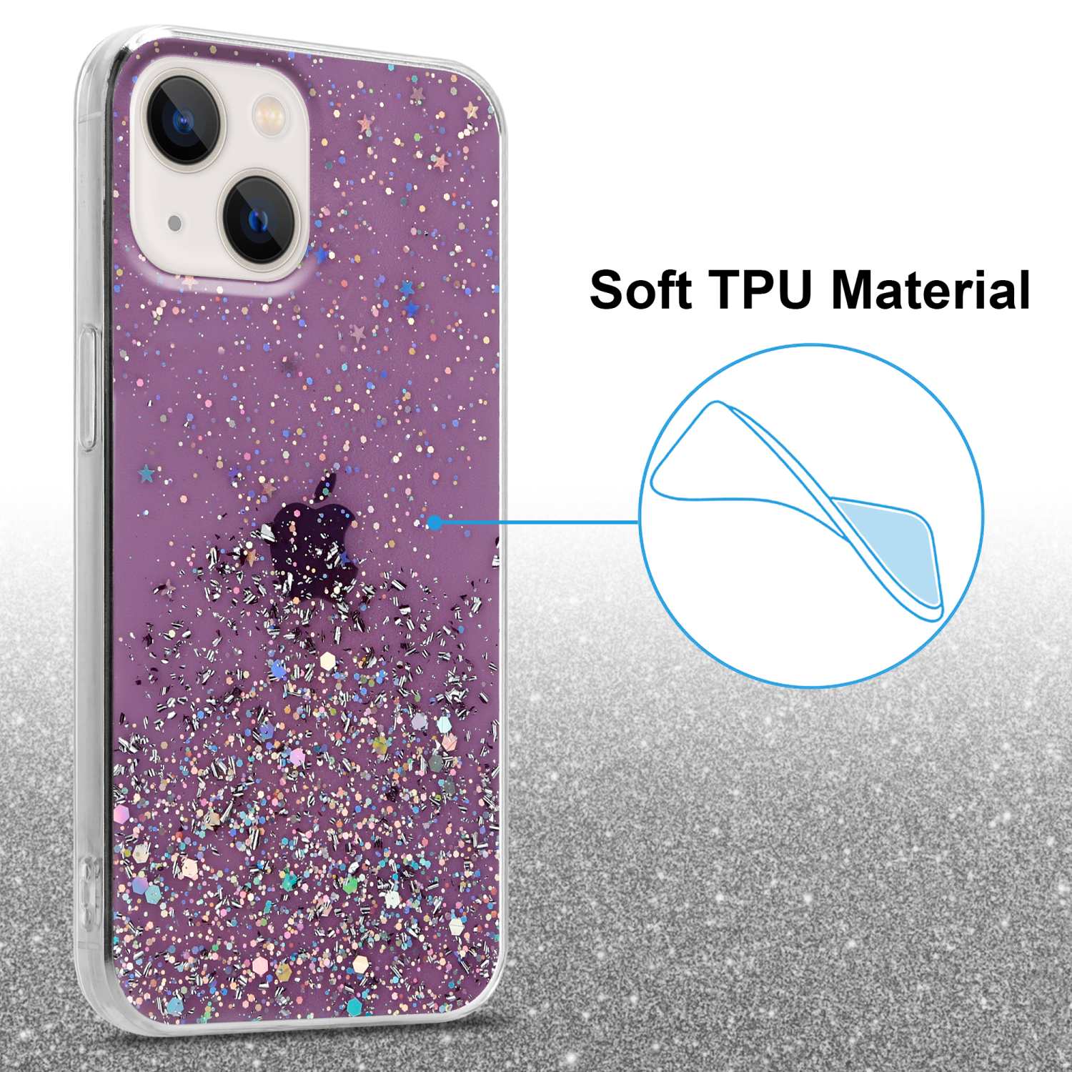 Eine lila Handyhülle mit Glitzer. Die Hülle ist transparent, das Telefon ist sichtbar.
