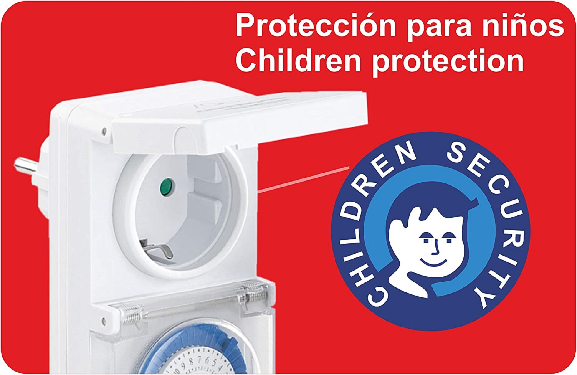 Un enchufe blanco con una cubierta etiquetada con 'Protección infantil' y un logotipo azul.