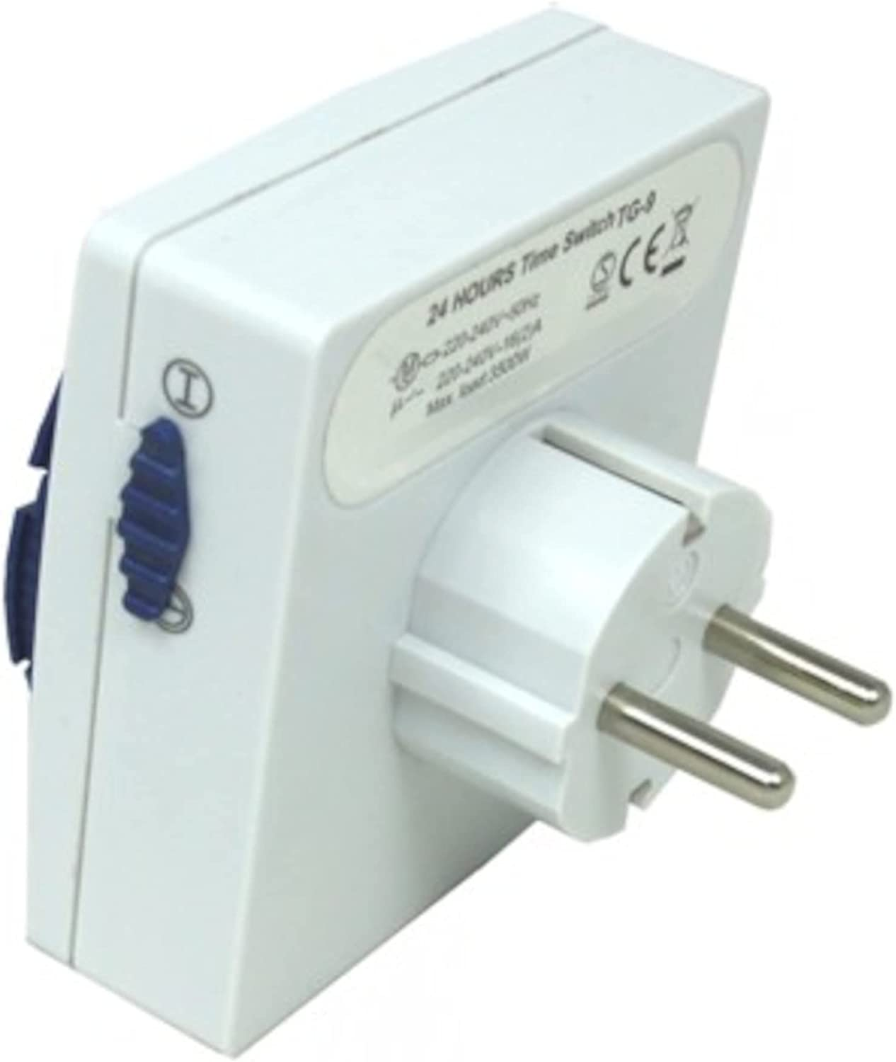 Interruptor horario blanco con enchufe. Tiene un control deslizante azul y etiquetas de texto.
