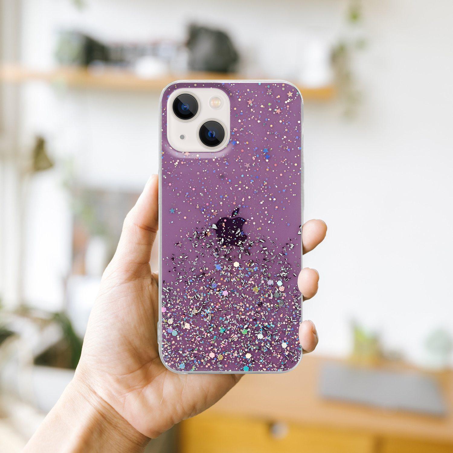CADORABO Schutzhülle iPhone mit Apple, Backcover, 14, Lila mit funkelnden Glitter Glitter
