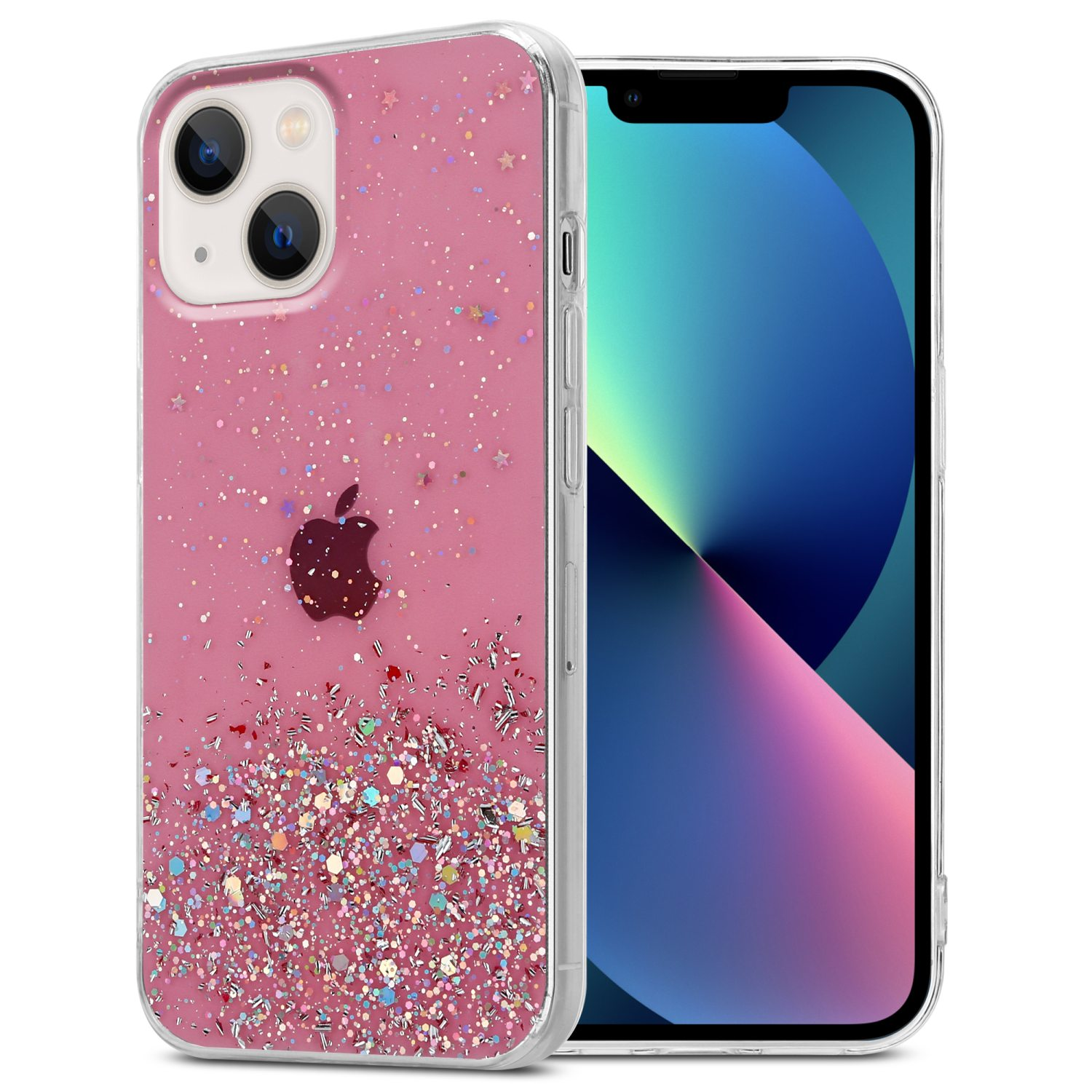 Rosa Handyhülle mit Glitzer und Sternen und ein Telefon mit blauem Bildschirm.