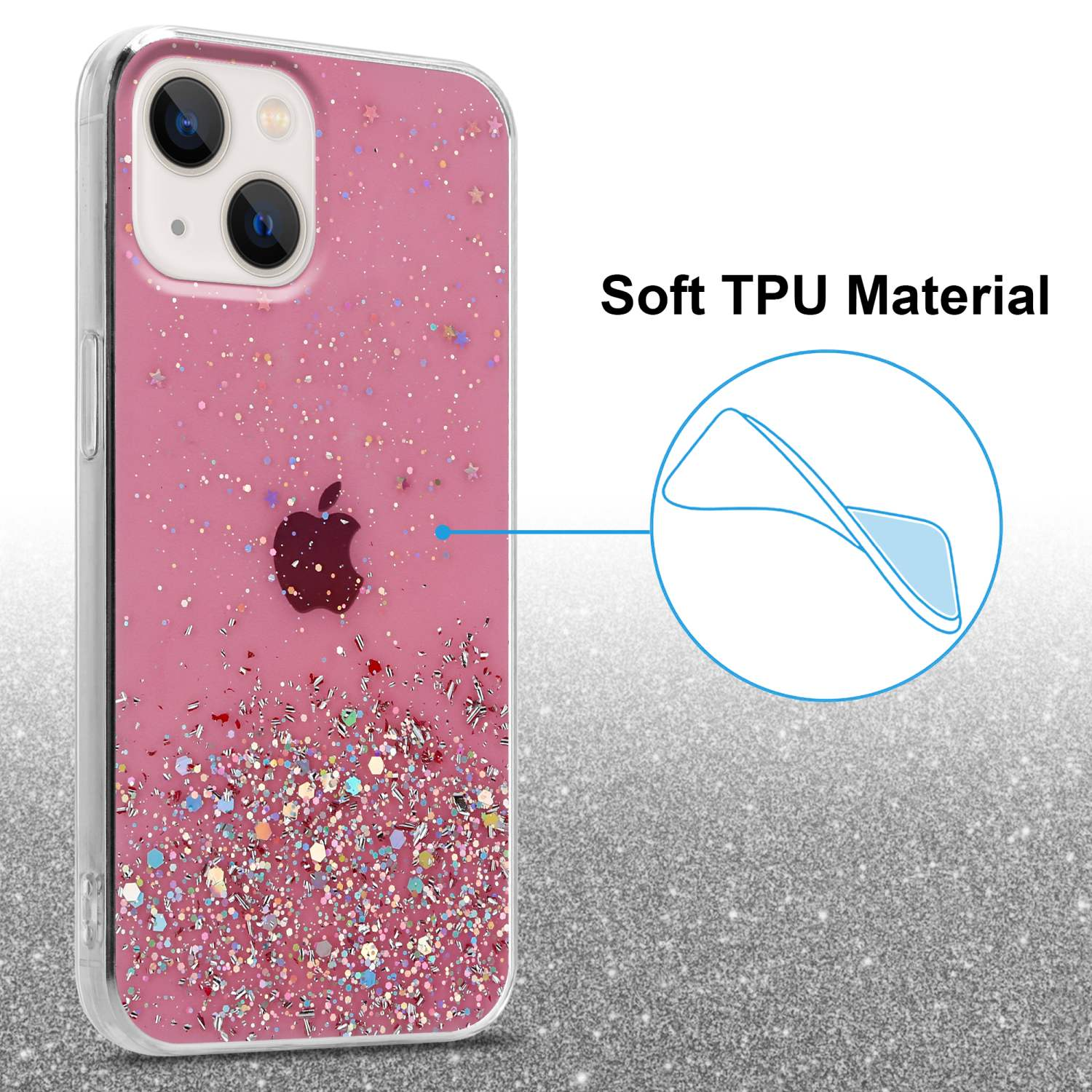Rosa Handyhülle mit Glitzer und Apple-Logo. Diagramm zeigt weiches Material.