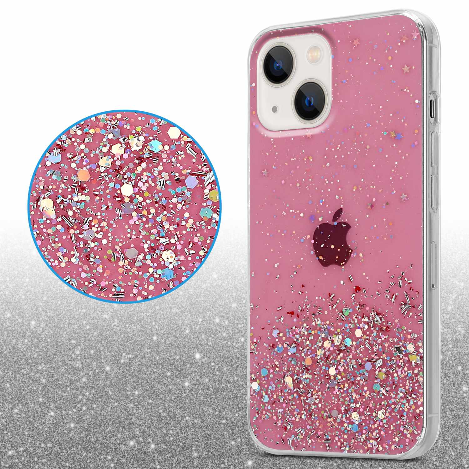 Rosa Glitzer-Handyhülle mit Telefon. Nahaufnahme von Glitzerdetails.
