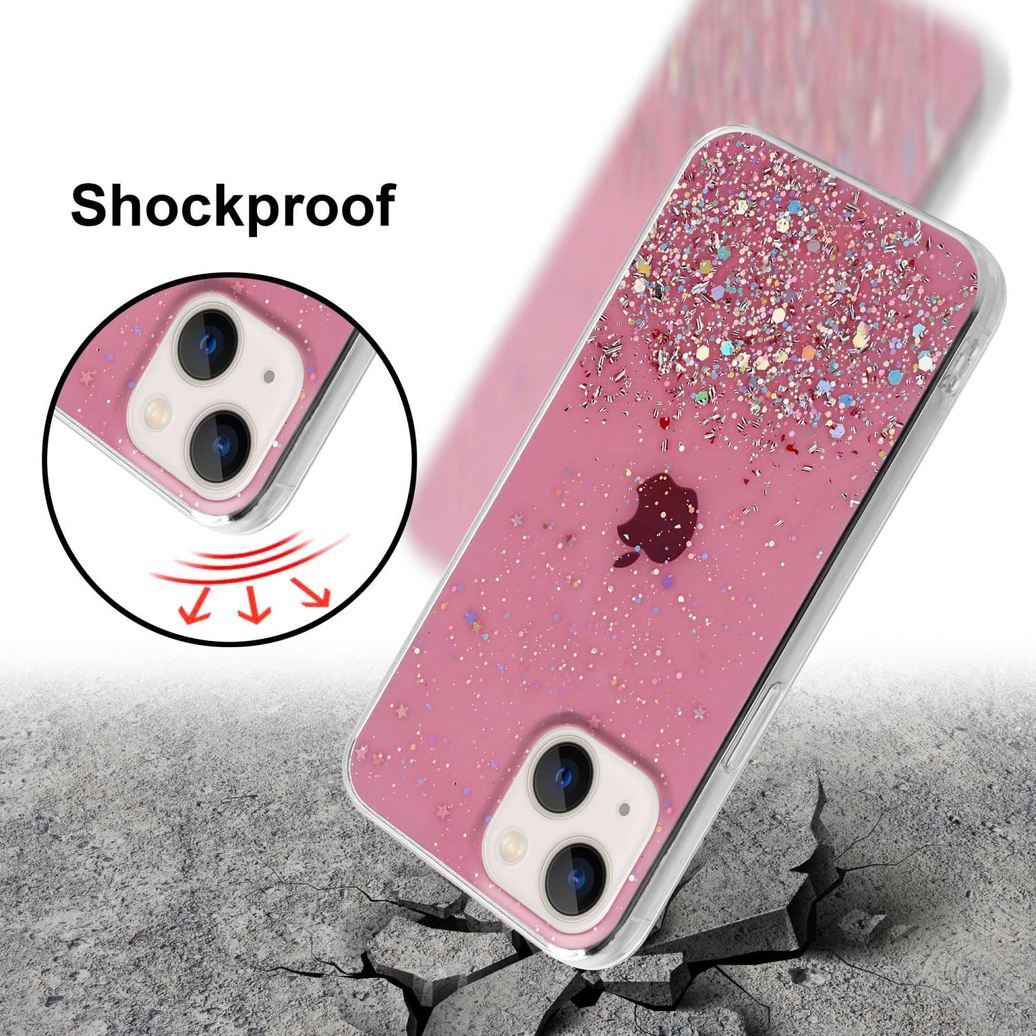 Rosa Handyhülle mit Glitzer, Apple-Logo und Telefon. Text "Stoßfest".