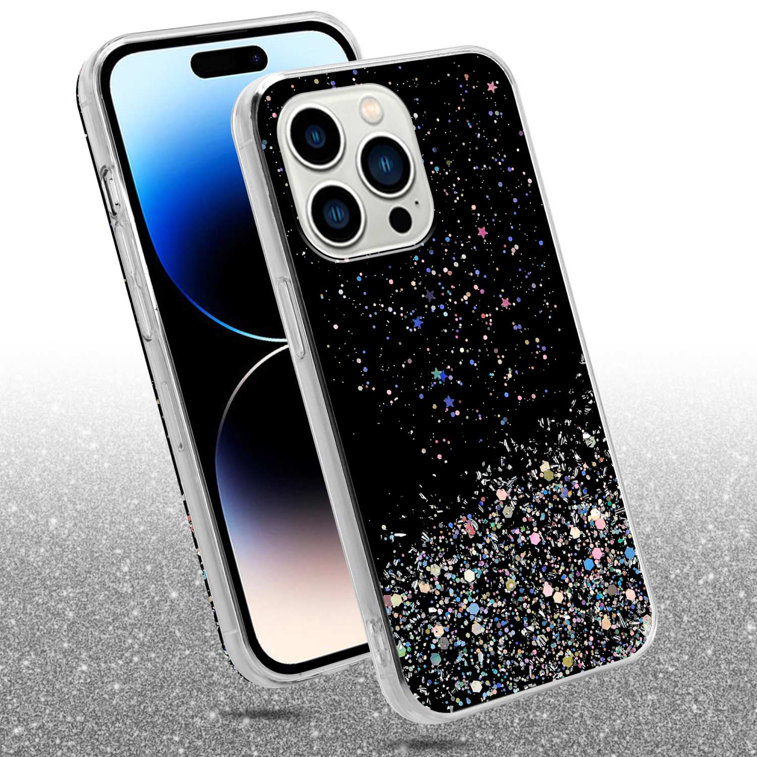 Zwei Telefone mit glitzernden Hüllen gestapelt, eins zeigt den Bildschirm, auf weißem Hintergrund.