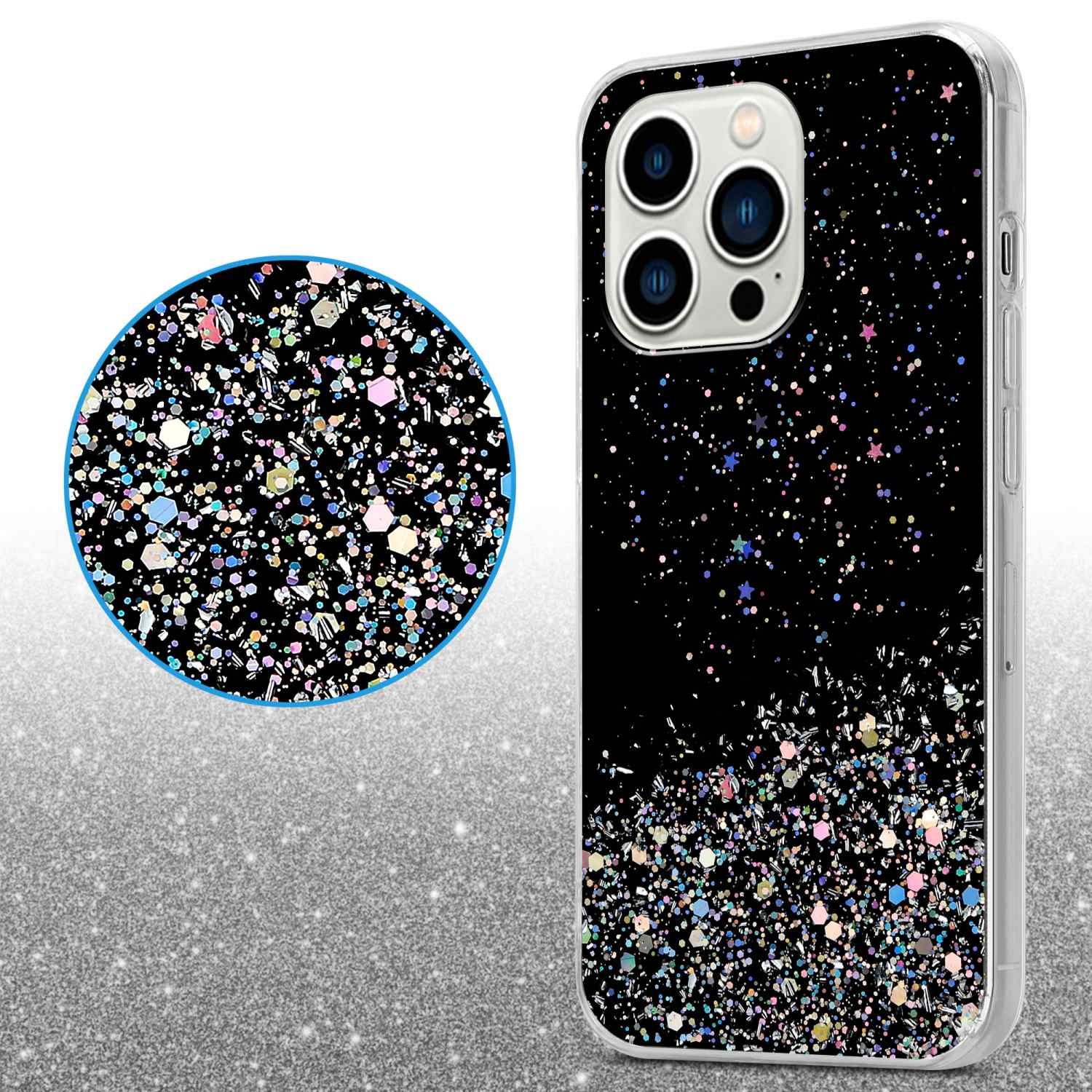Schwarze Handyhülle mit Glitzer und eine Nahaufnahme des Glitzers.