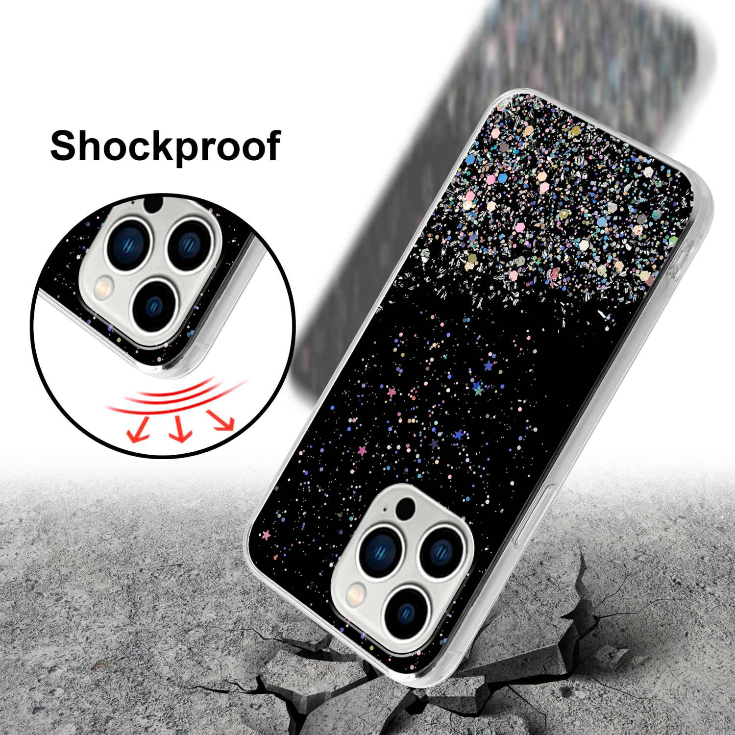 Eine Handyhülle mit Glitzereffekt, die zeigt, dass das Telefon stoßfest ist.