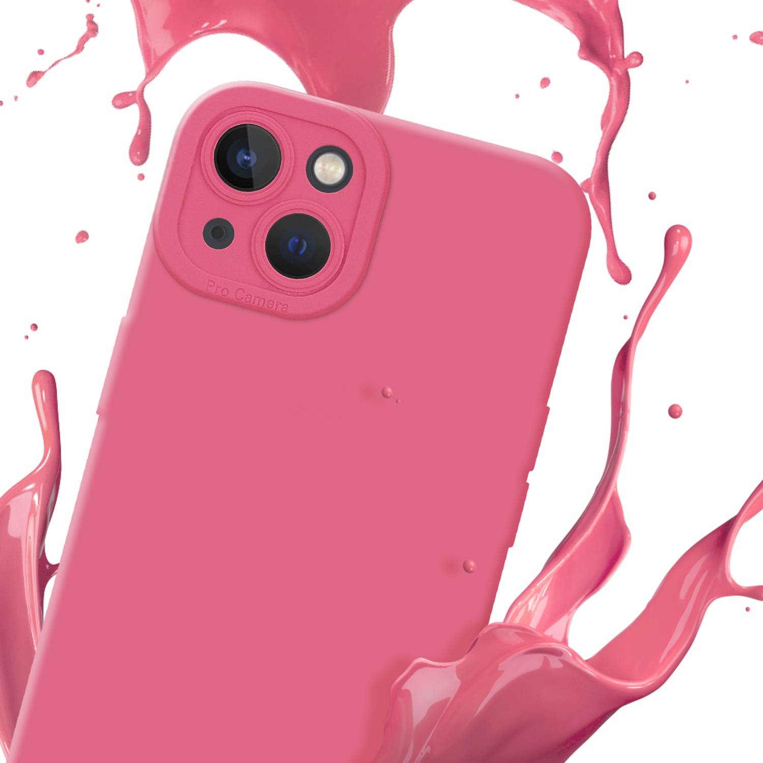 Custodia rosa per telefono con fotocamera pro. Schizzi di vernice rosa. La custodia è al centro.