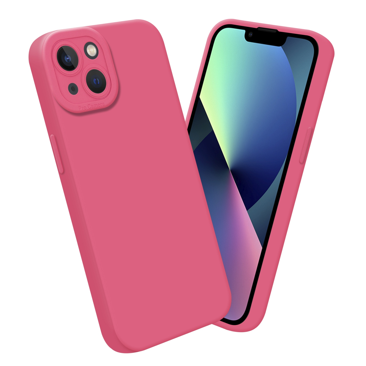 Custodia per telefono rosa con protuberanza della fotocamera, su sfondo bianco. Mostra due telefoni, uno con schermo.