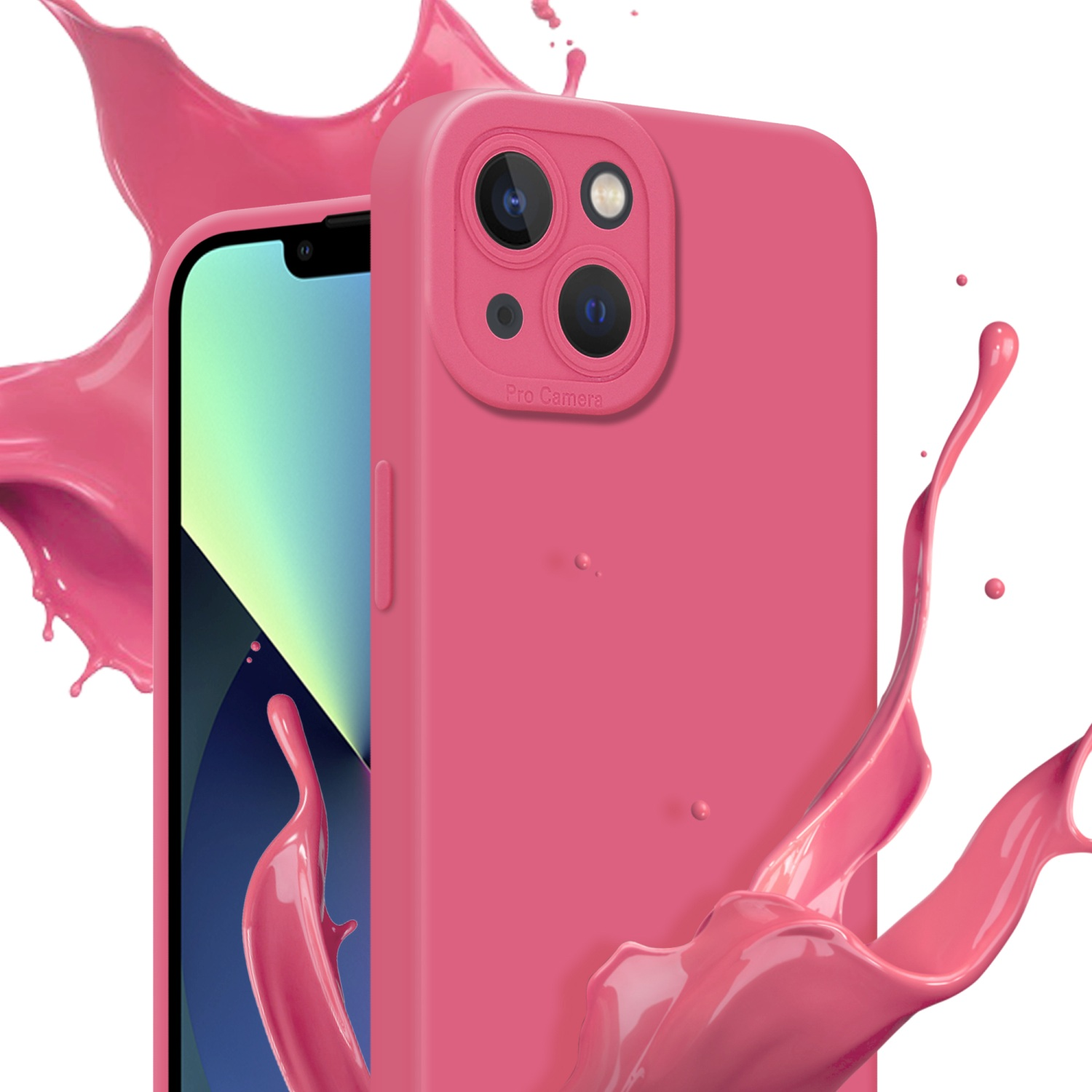 Custodia rosa per telefono con fotocamera, schizzo di liquido rosa.
