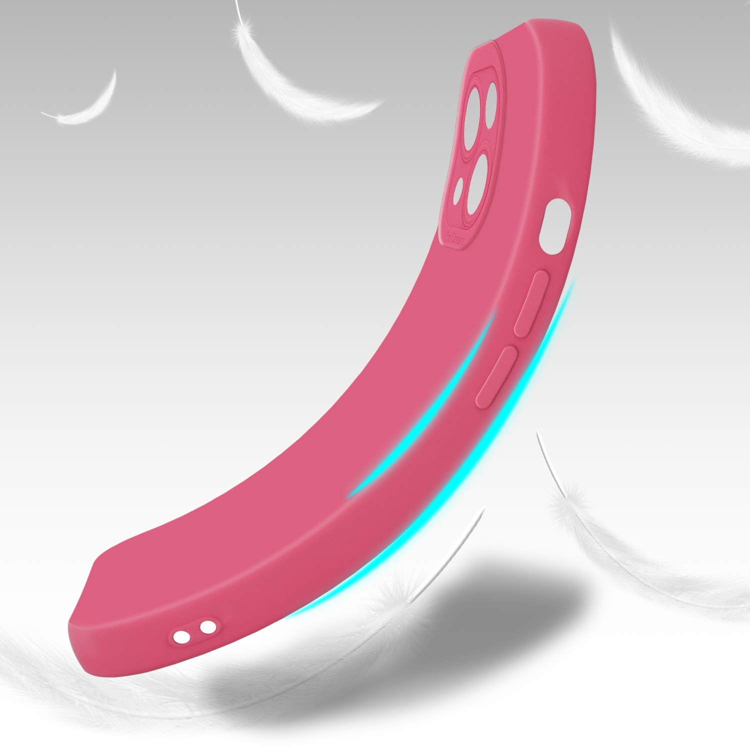 Custodia per telefono rosa in aria con piume bianche che fluttuano. Un'ombra è proiettata sotto.