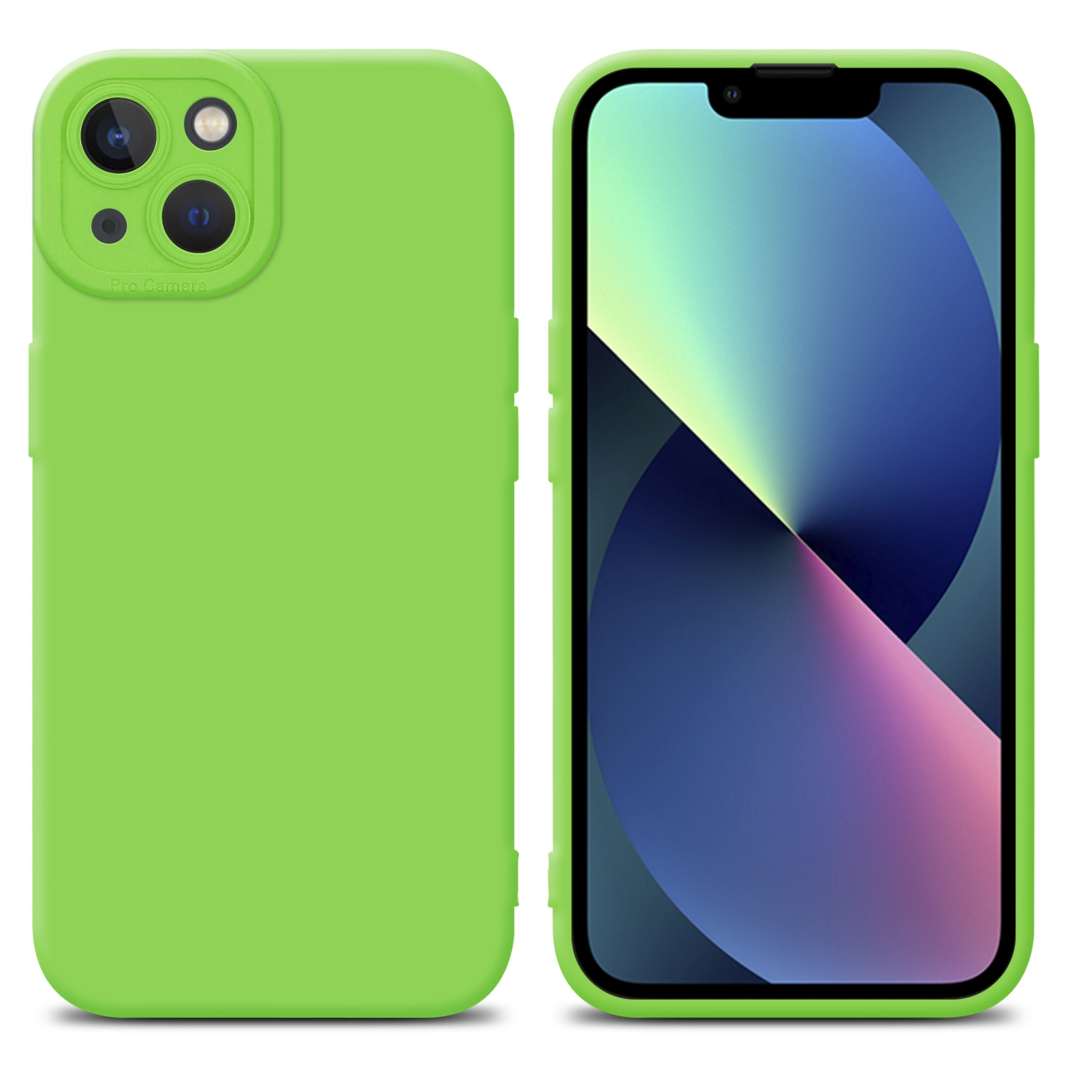 Custodia verde per telefono con un telefono all'interno, su sfondo bianco.