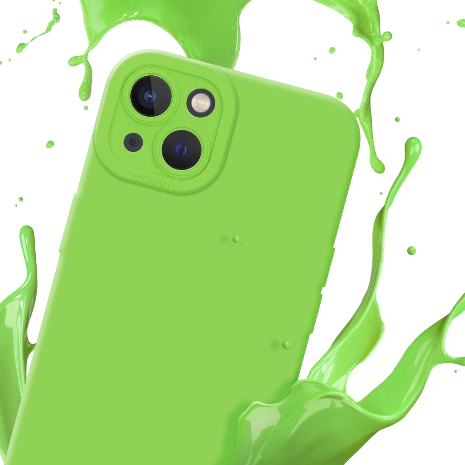 Custodia verde con telefono, circondata da schizzi di vernice verde.
