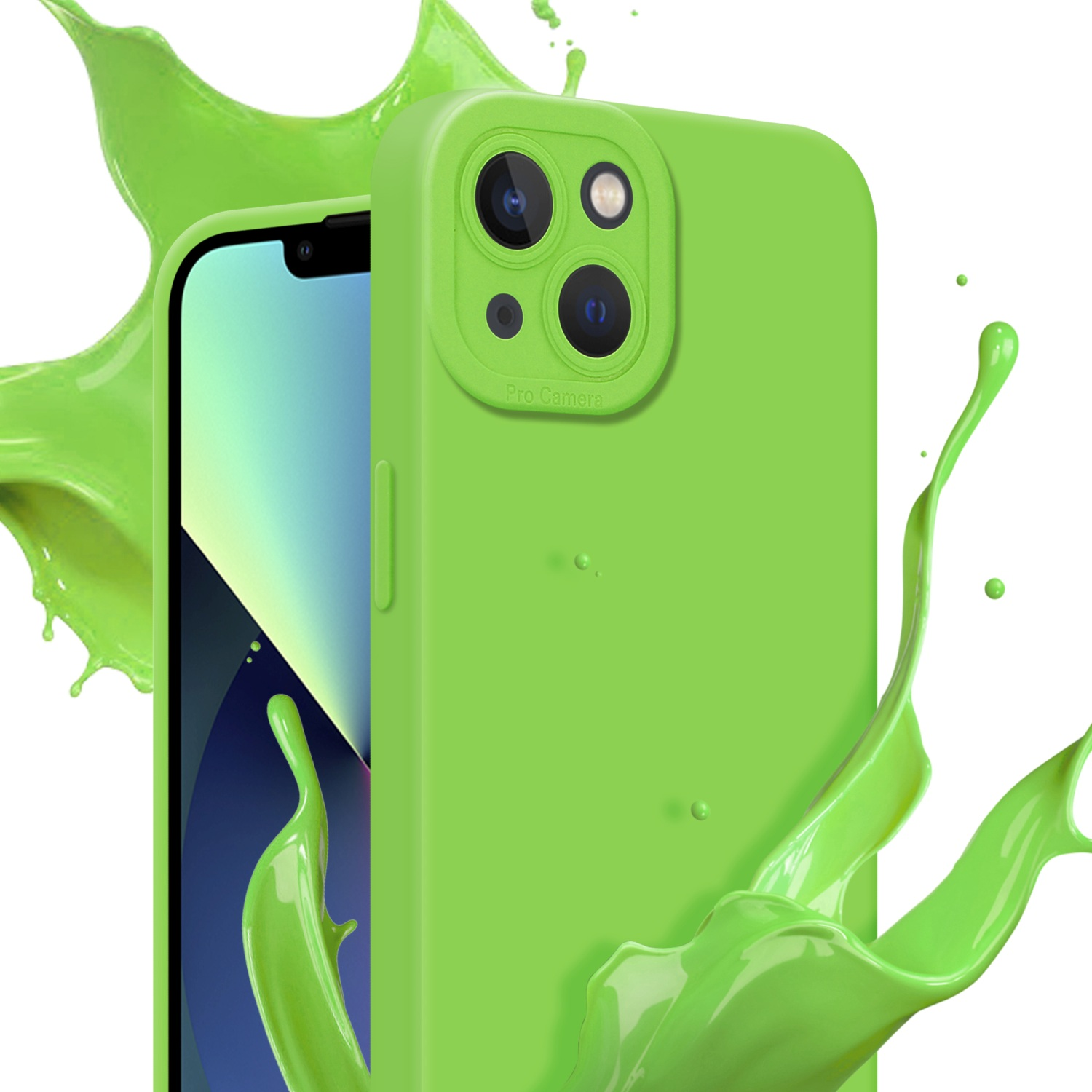 Una custodia per telefono verde con uno spruzzo di liquido verde su sfondo bianco.