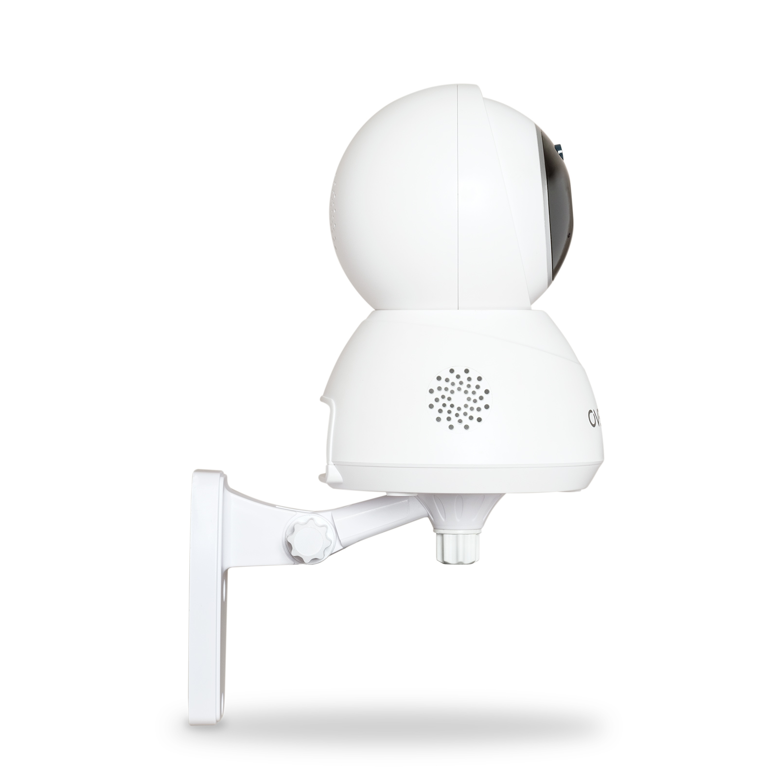 Biała kamera bezpieczeństwa zamontowana na białej ścianie. Kamera jest okrągła u góry i ma głośnik.