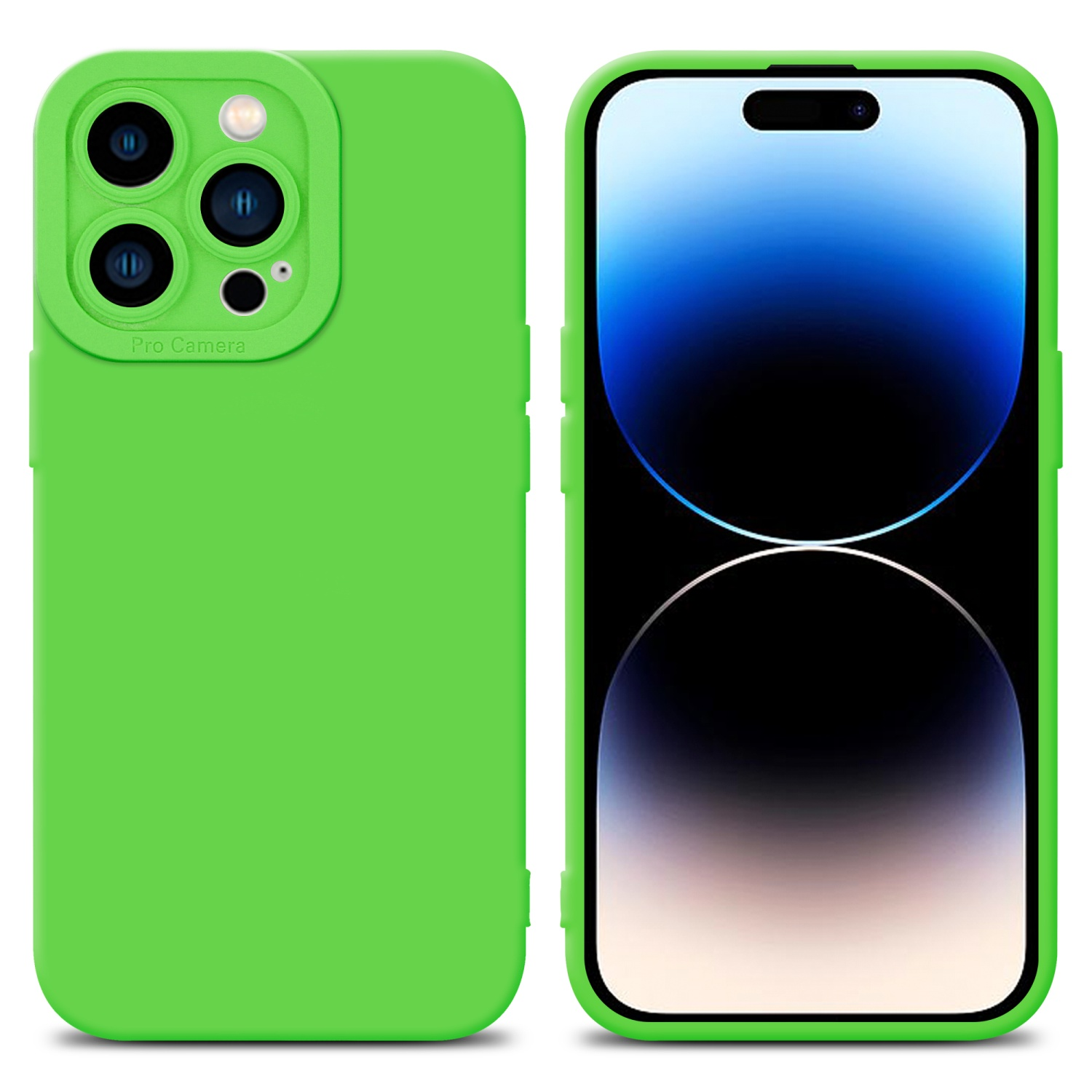 Due custodie verdi per iPhone. Quella a sinistra è il retro, quella a destra è il davanti.
