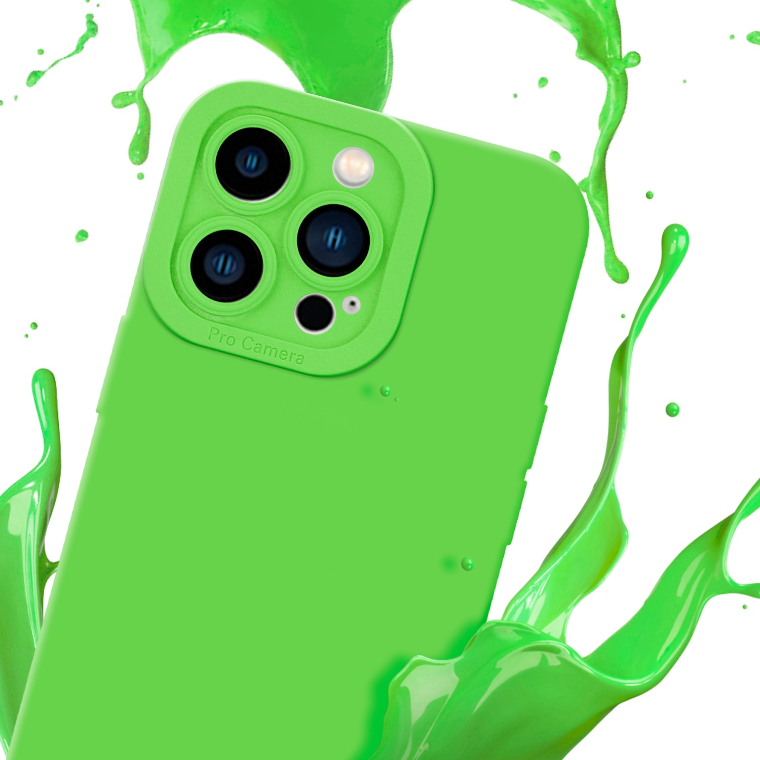 Custodia verde per telefono con modulo fotocamera, schizzo di vernice verde su sfondo bianco.