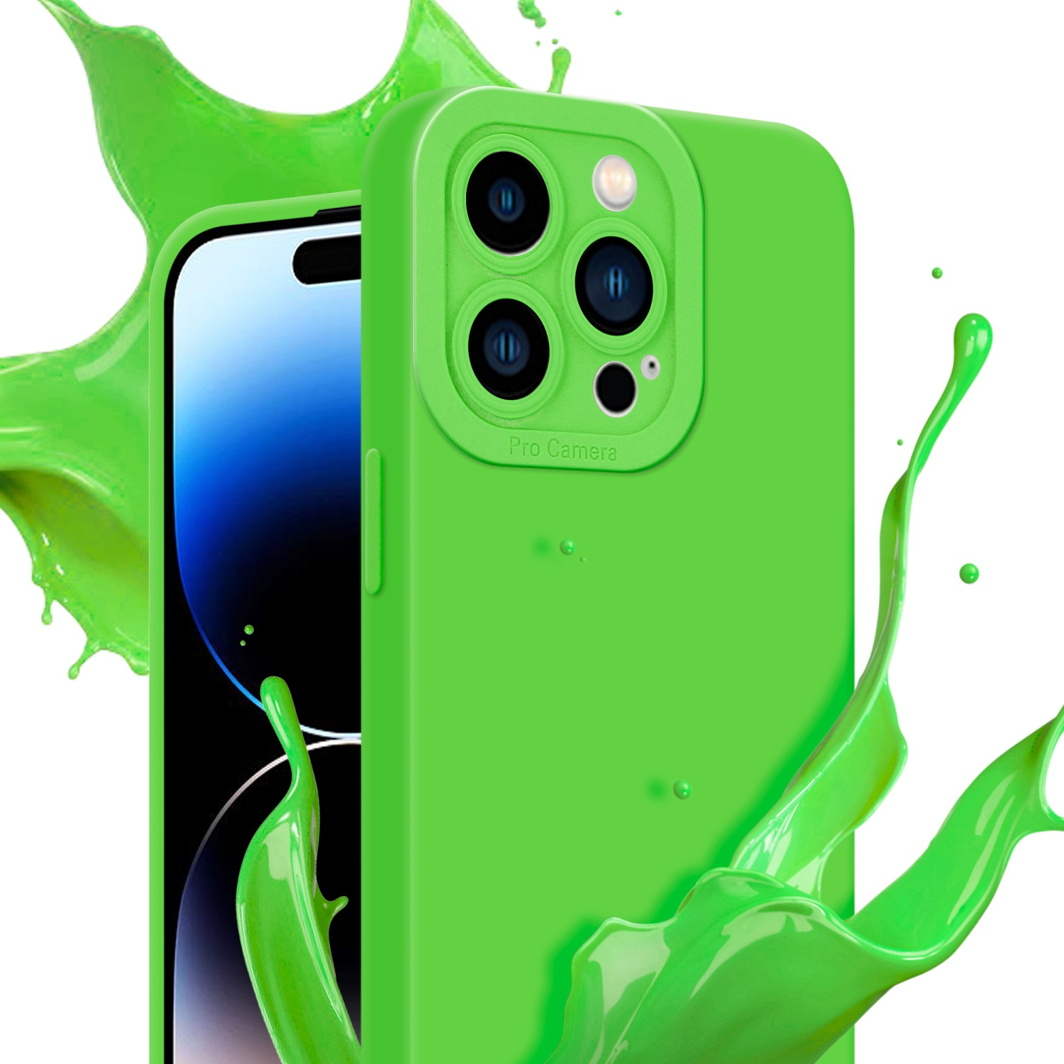 Custodia verde con schizzo verde. Tripla fotocamera. Il telefono ha uno schermo blu e bianco.