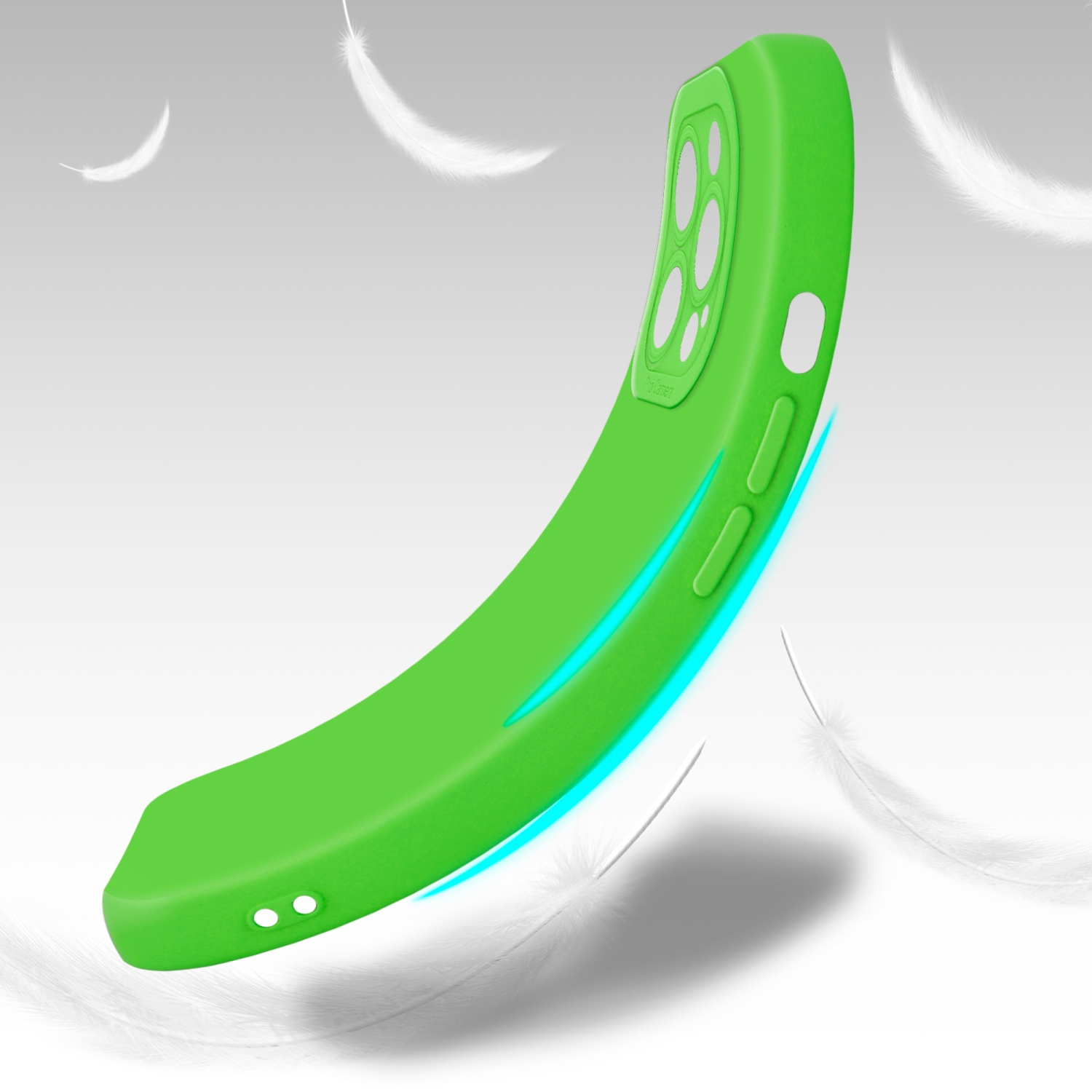 Custodia verde per telefono, design curvo, fluttuante con piume sullo sfondo.