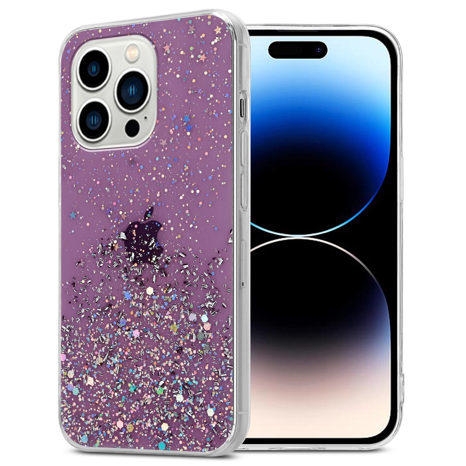 Lila Glitzer-iPhone-Hülle mit einem Telefon darin. Das Apple-Logo ist sichtbar.