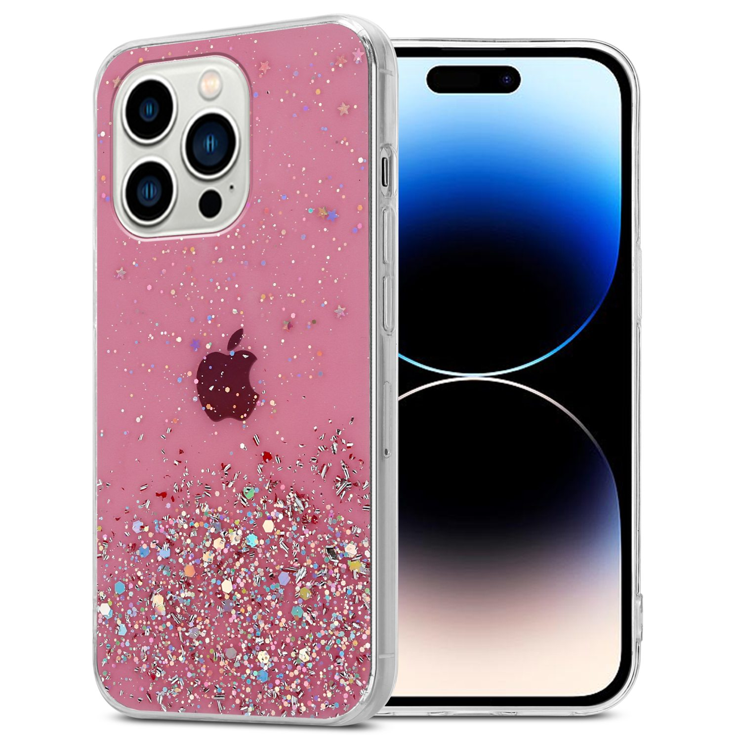 Telefon in rosa Glitzerhülle und ein Telefon mit Bildschirm. Weißer Hintergrund.