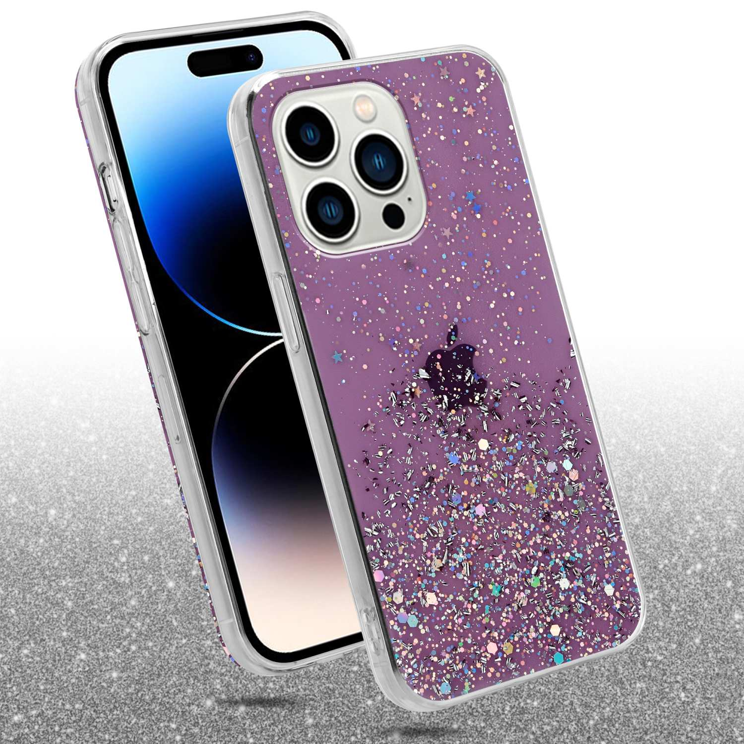 Lila Handyhülle mit Glitzer und einem Handy. Das Handy hat einen blauen Bildschirm.