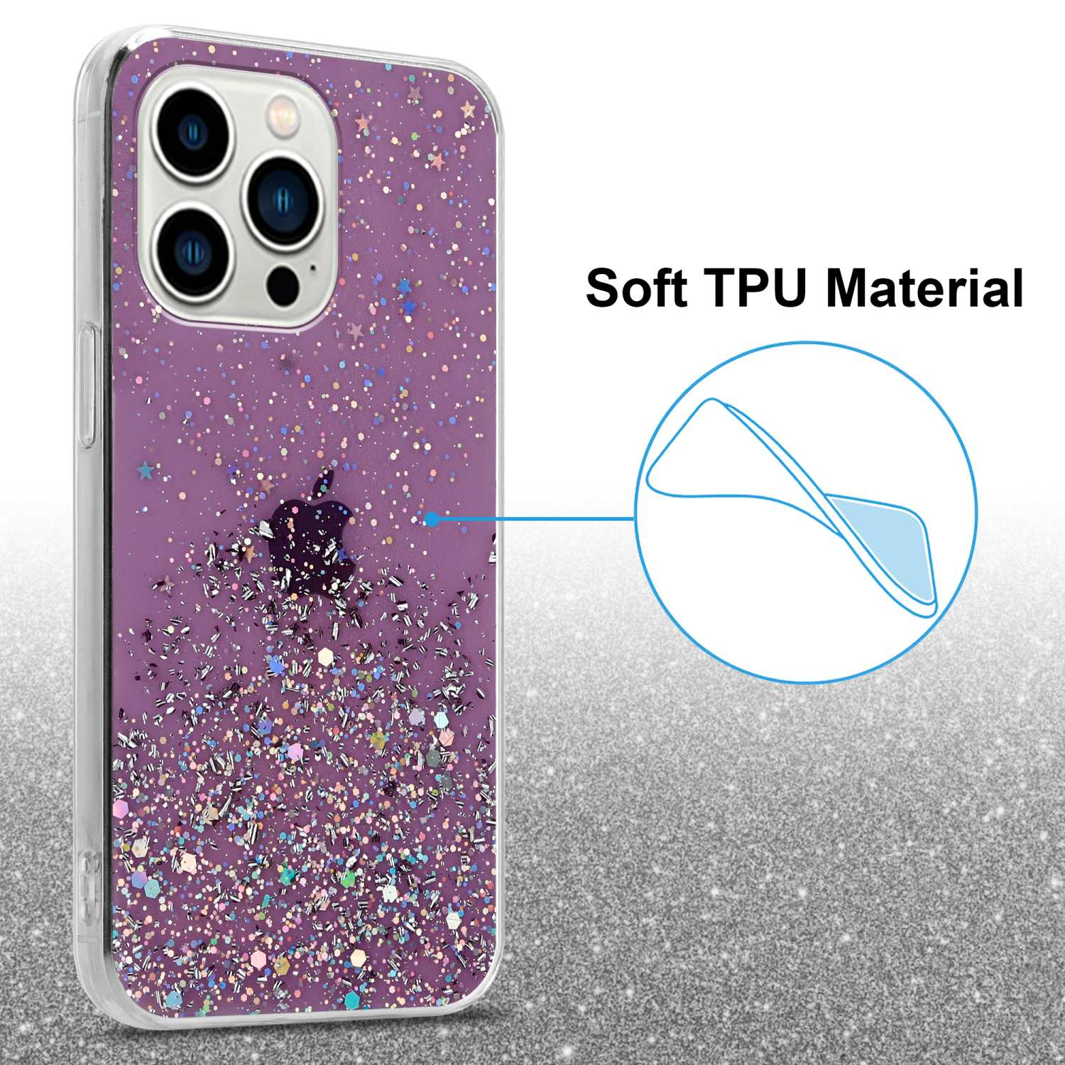 Lila Handyhülle mit Glitzer. Zeigt ein Telefon mit drei Kameras. Text sagt 'Soft TPU Material'.