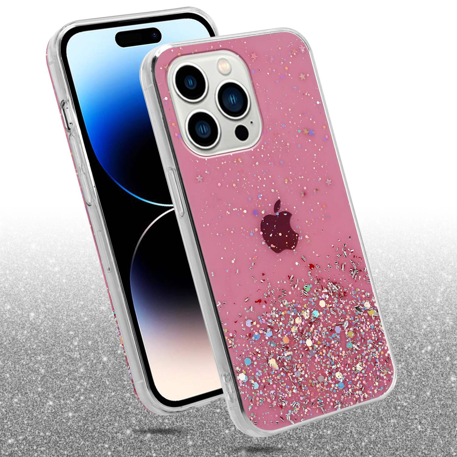 Eine pinkfarbene, glitzernde Handyhülle mit einem Apfel-Logo wird mit einem Telefon gezeigt. Der Hintergrund ist glitzernd.