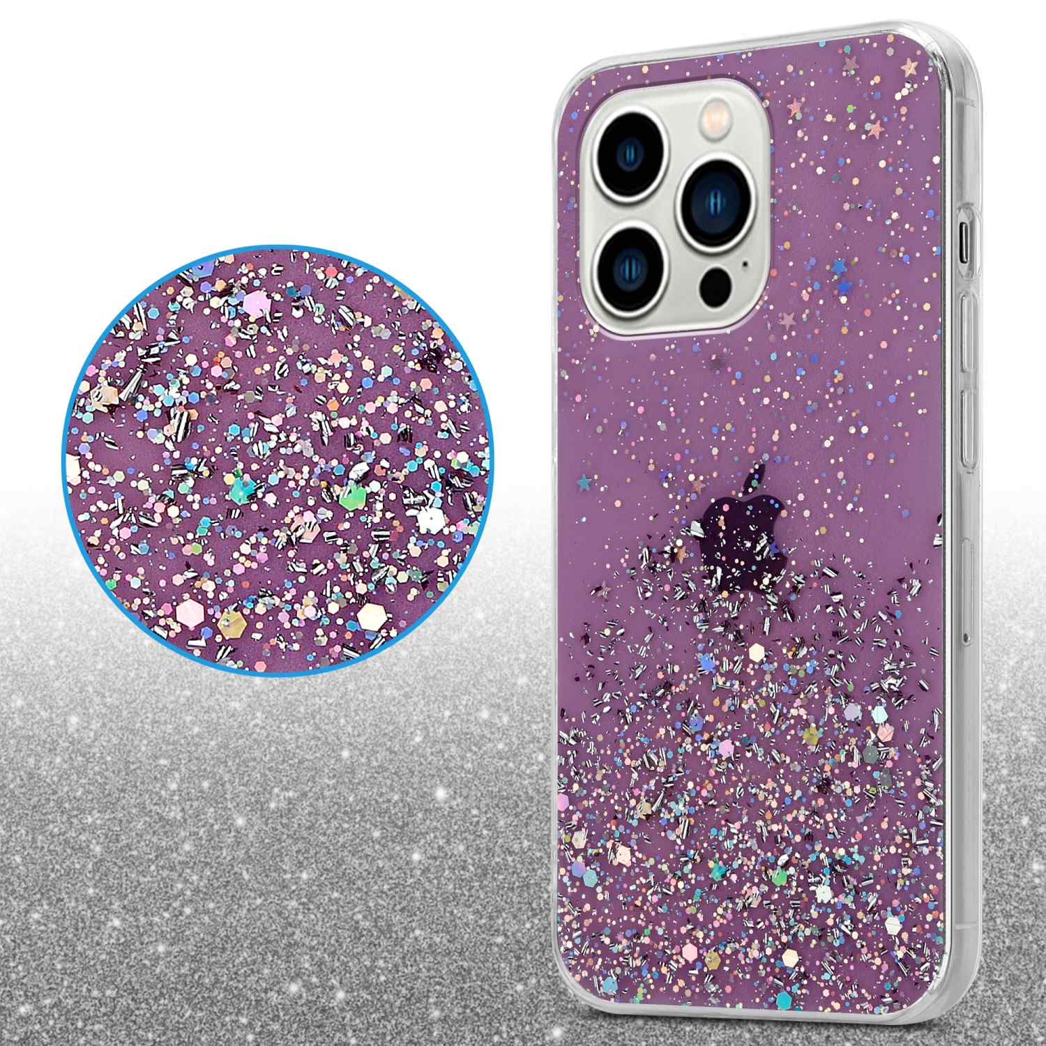 Eine Handyhülle mit Glitzer und Glanz. Die Hülle ist lila, mit einem Telefon und einem detaillierten Nahaufnahme.