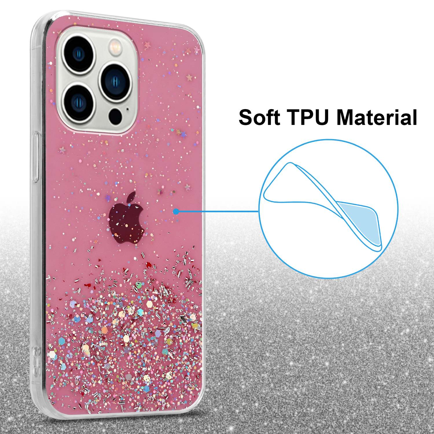 Eine pinkfarbene Glitzer-Handyhülle mit transparentem Körper. Die Hülle hat ein Apfel-Logo.