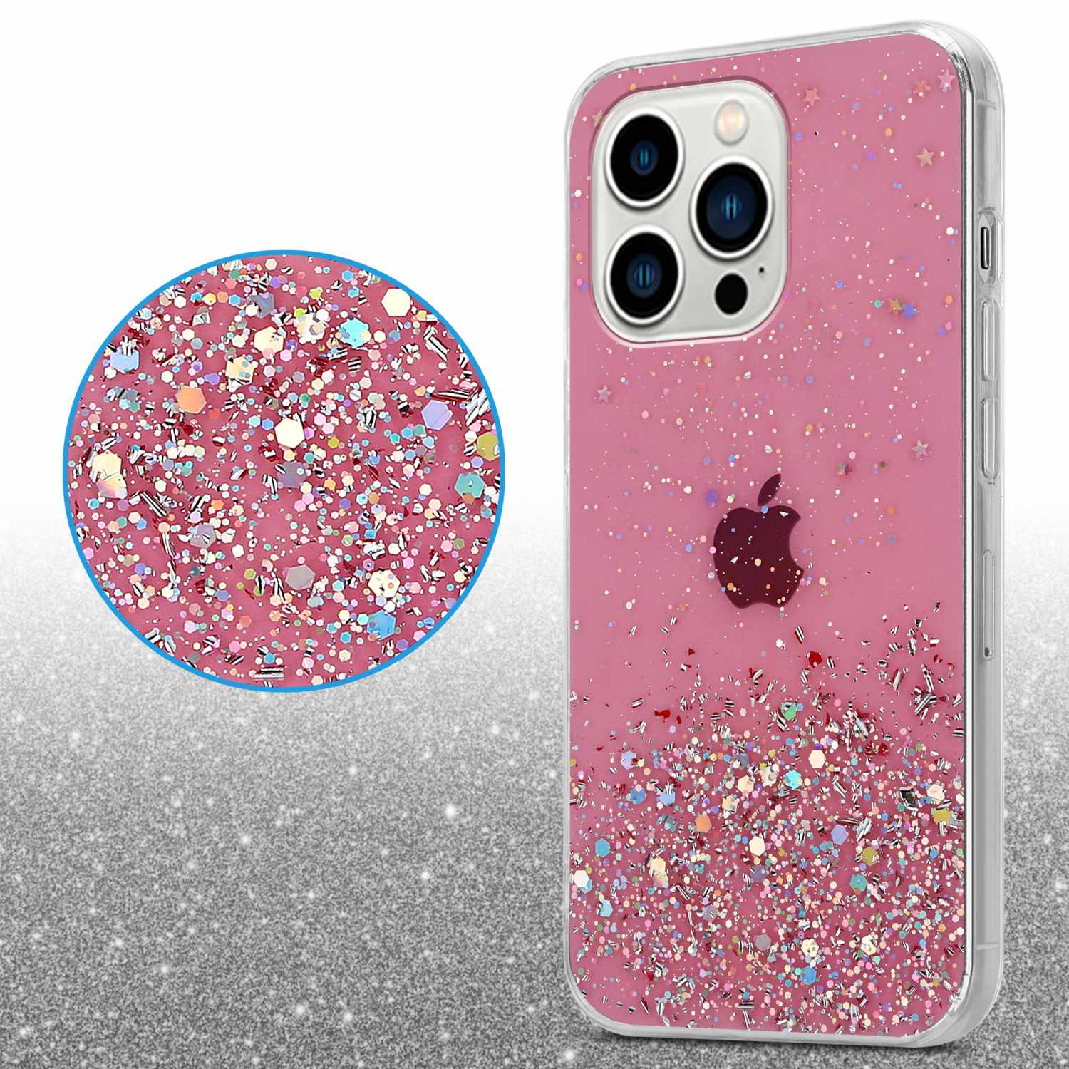mit PRO, Rosa 14 Schutzhülle mit CADORABO Glitter, Apple, Glitter Backcover, iPhone funkelnden