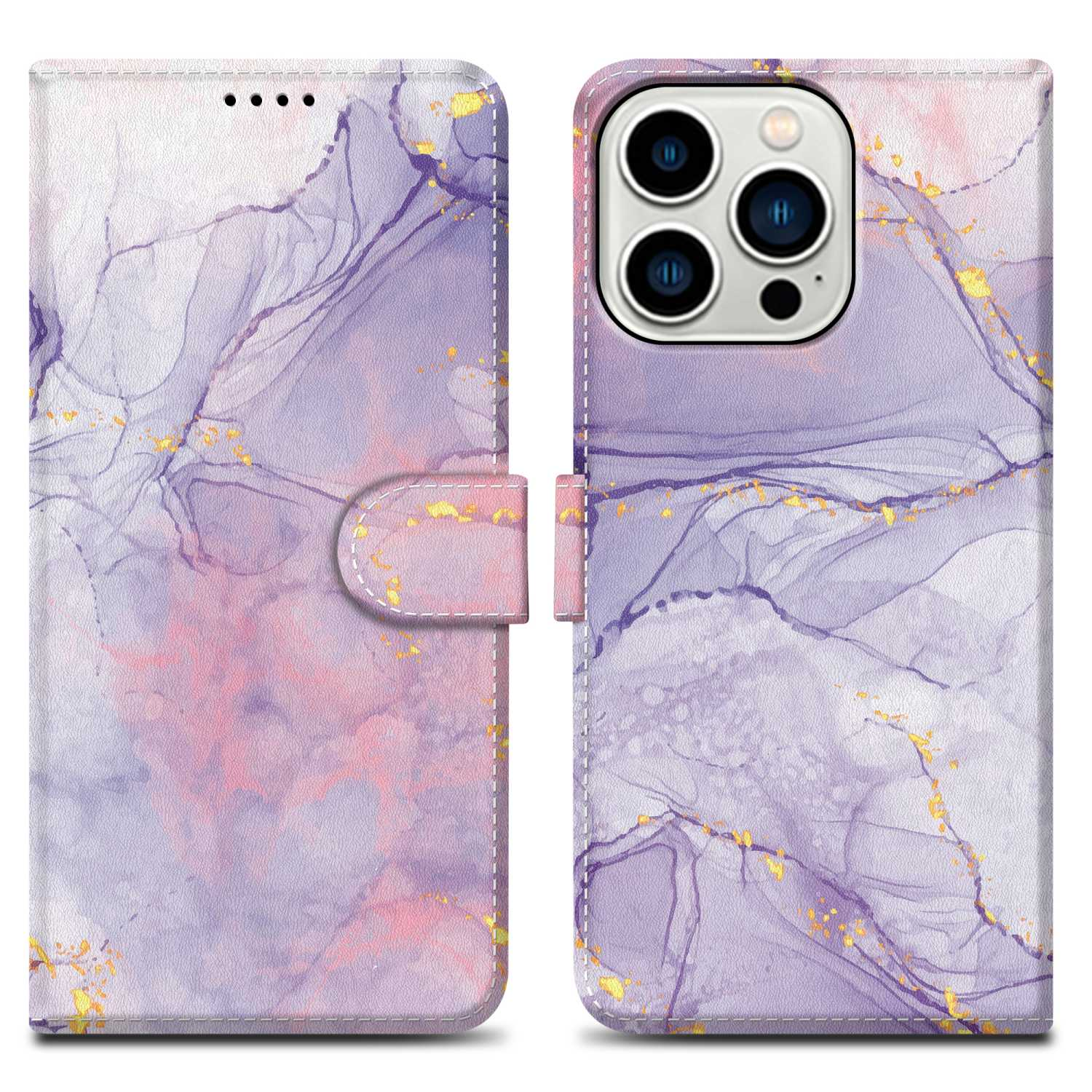 Handyhülle mit Marmordesign, Magnetverschluss und Kartenfächern. Weißer Hintergrund.