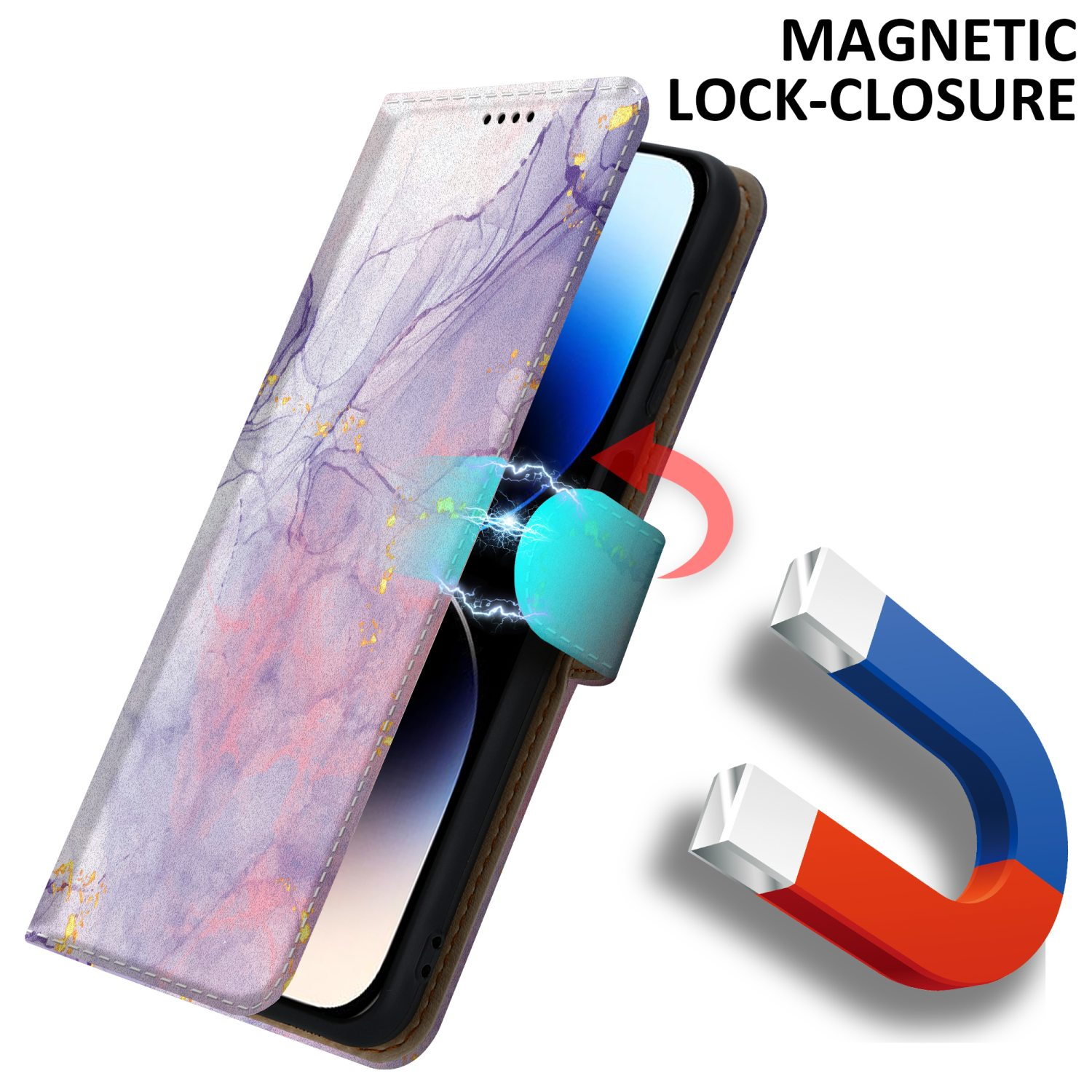 Ein Telefon in einer Hülle mit Marmormuster, mit Magnetverschluss und einer Magnetgrafik.