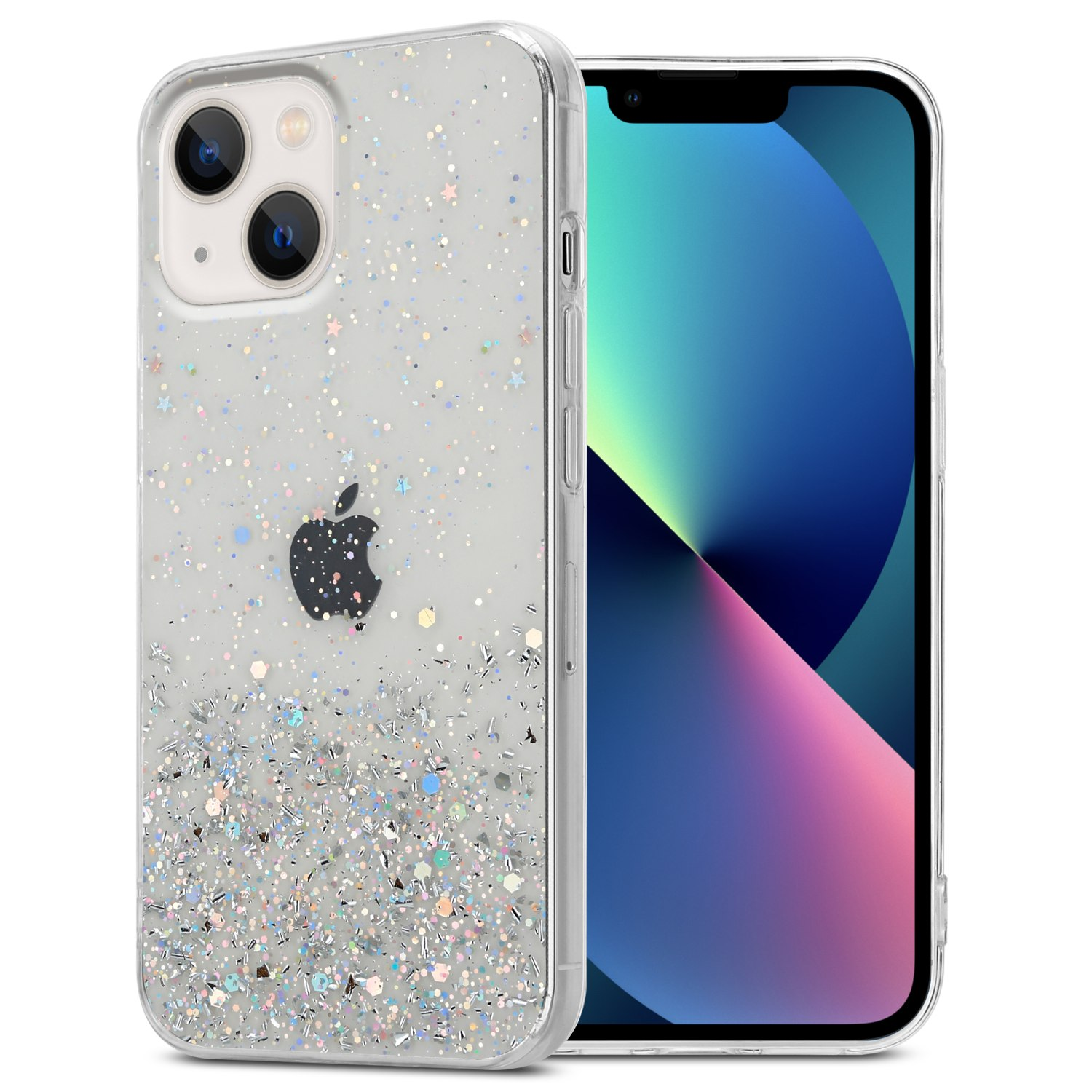 Handyhülle mit Glitzer und Sternen und ein Telefon mit blauem Bildschirm.
