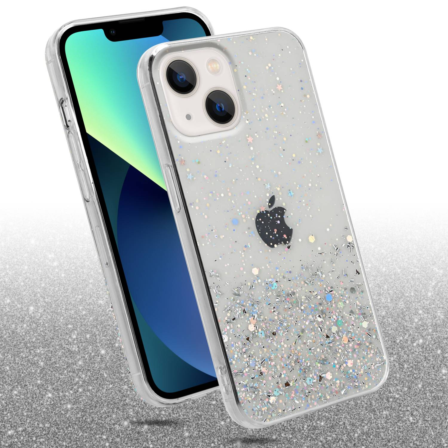 iPhone 13 in einer transparenten Hülle mit Glitzer und silberner Rückseite mit Kameras auf silbernem Grund.