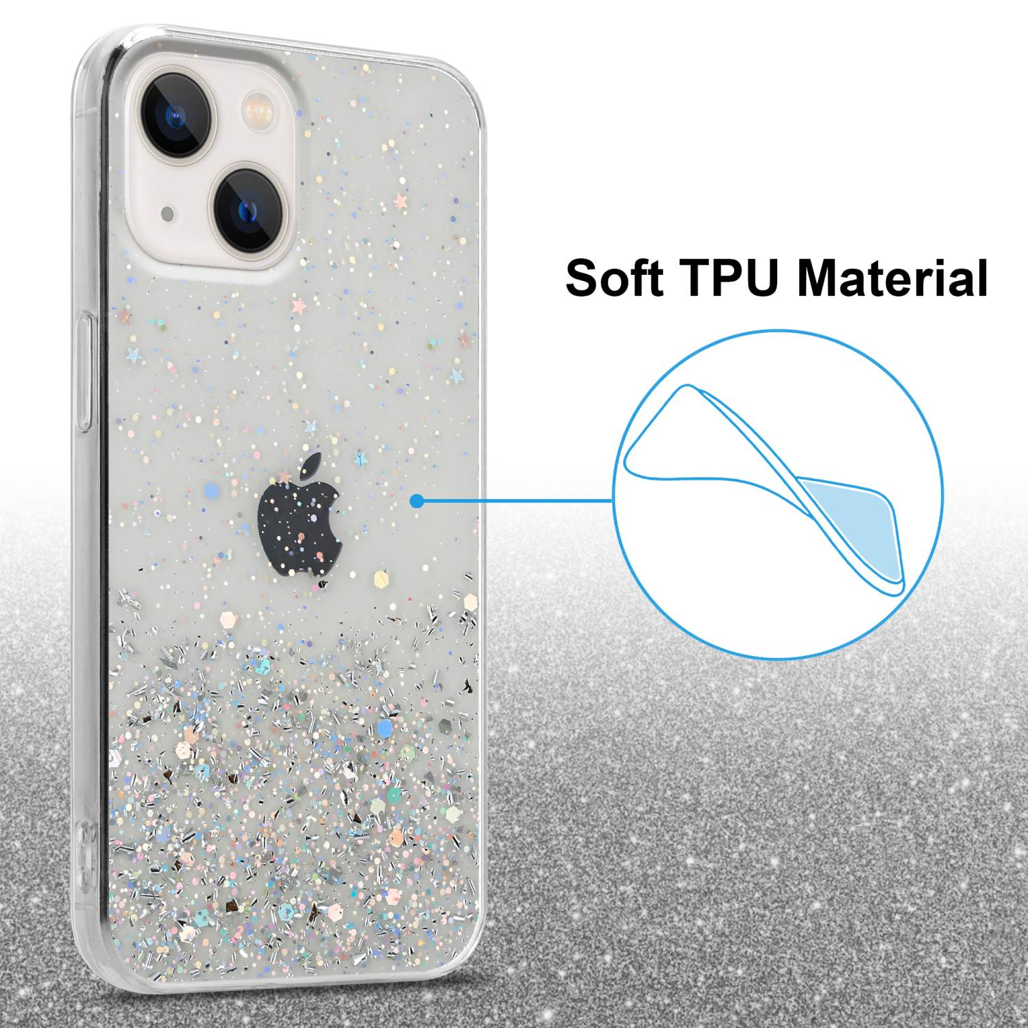 Transparente Handyhülle mit Glitzer, einem Apple-Logo und einem Diagramm. Der Text lautet 'Soft TPU Material'.