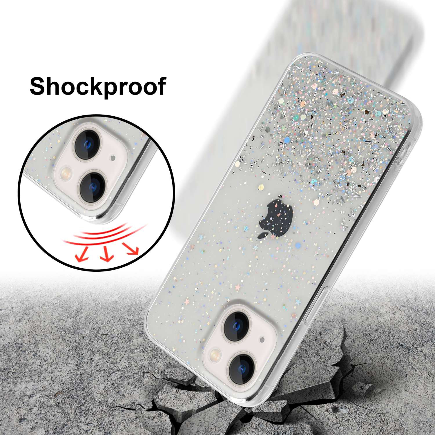 Eine Handyhülle mit Glitzer über einem Telefon, mit dem Wort stoßfest. Die Hülle liegt auf rissigem Boden.