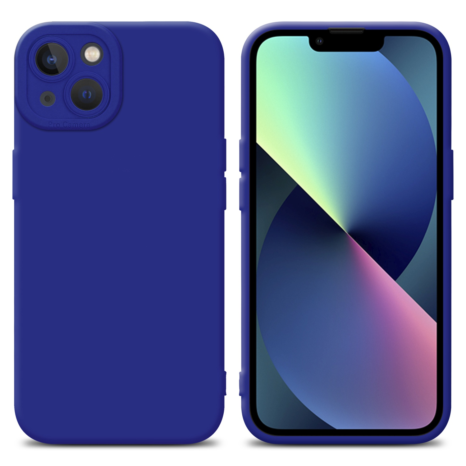 Due telefoni con custodie blu uno accanto all'altro. Il telefono a destra ha lo schermo acceso.