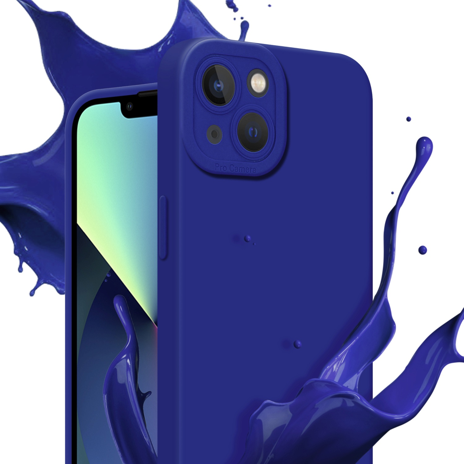 Una custodia blu per telefono con schizzi di vernice blu intorno al telefono e alla fotocamera.