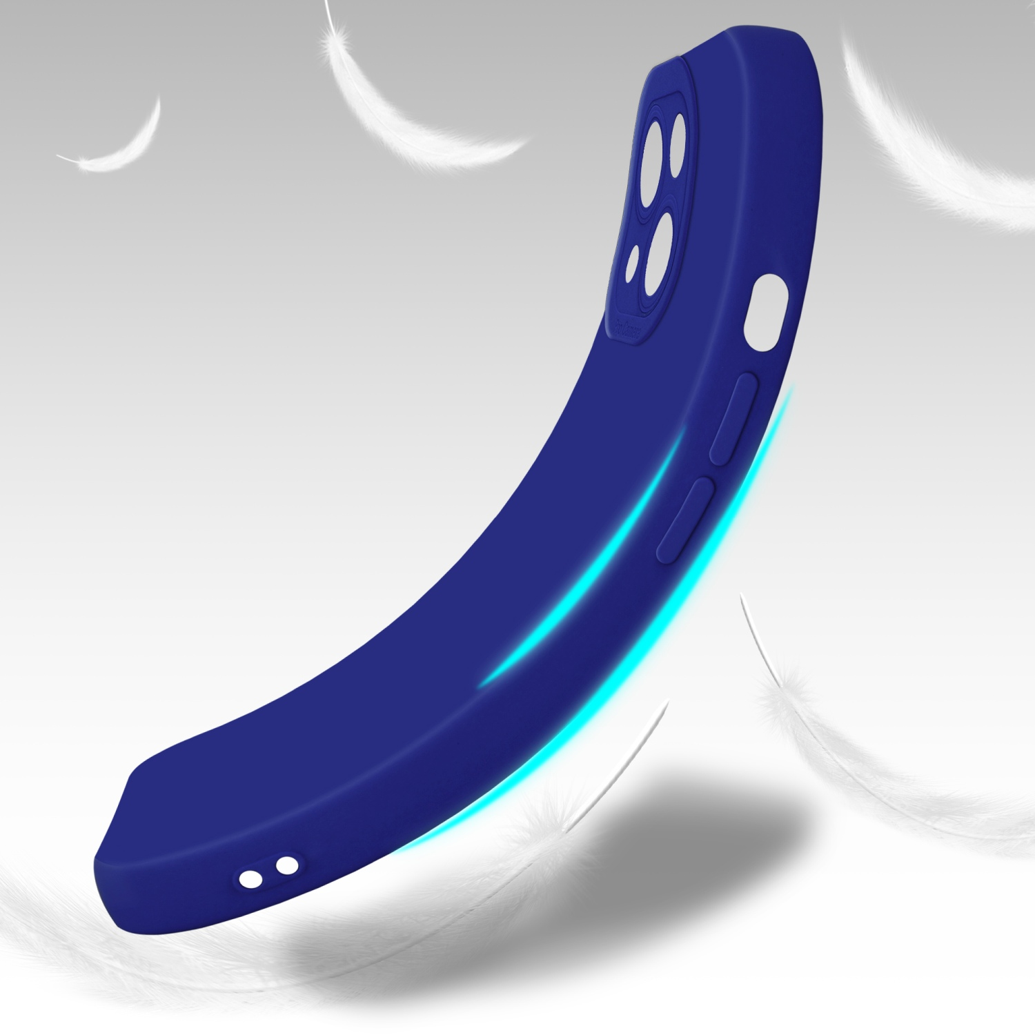Custodia blu per telefono, design curvo, fluttuante con piume sullo sfondo.