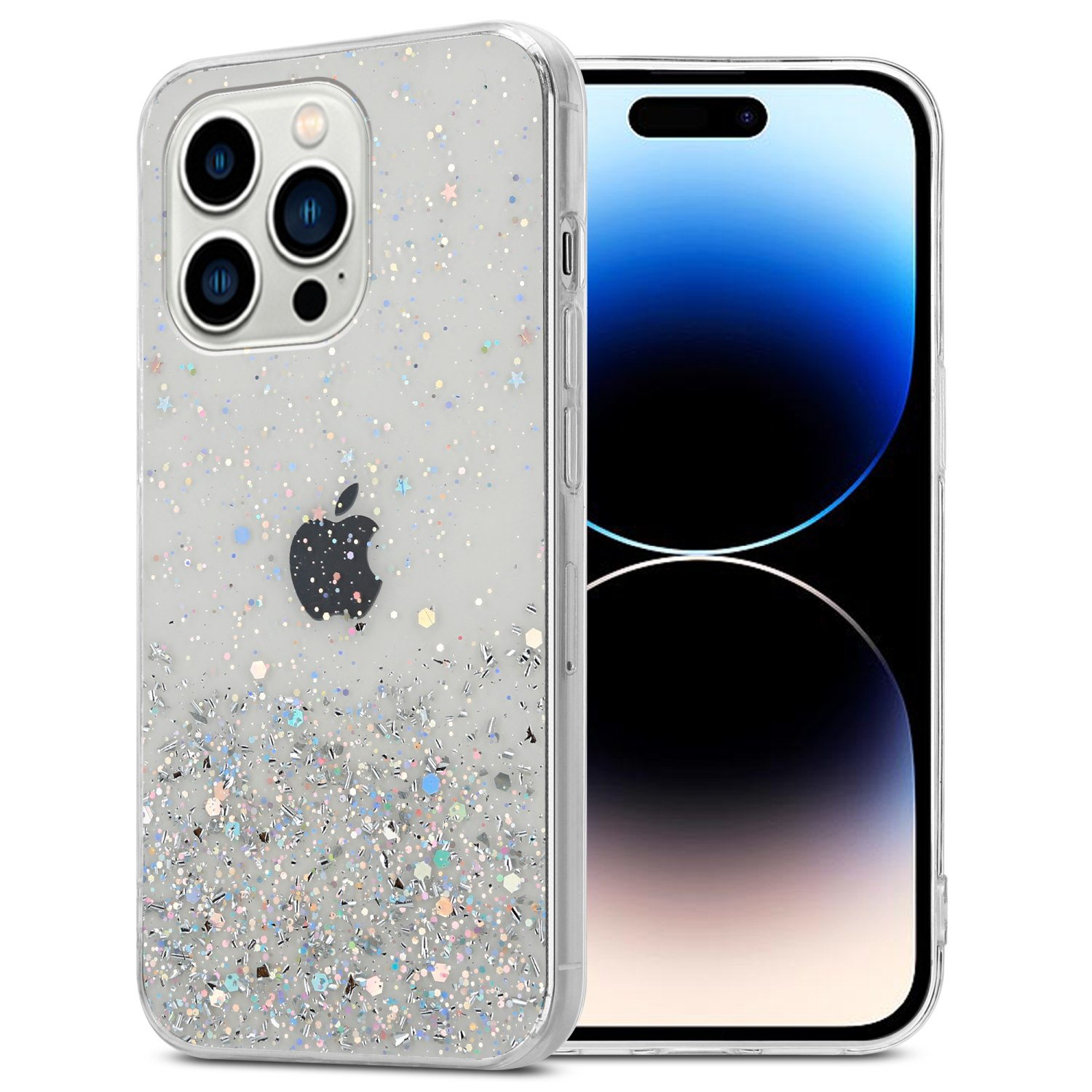 Transparente Handyhülle mit Glitzer und Glanz. Das Telefon hat ein schwarzes Apple-Logo.