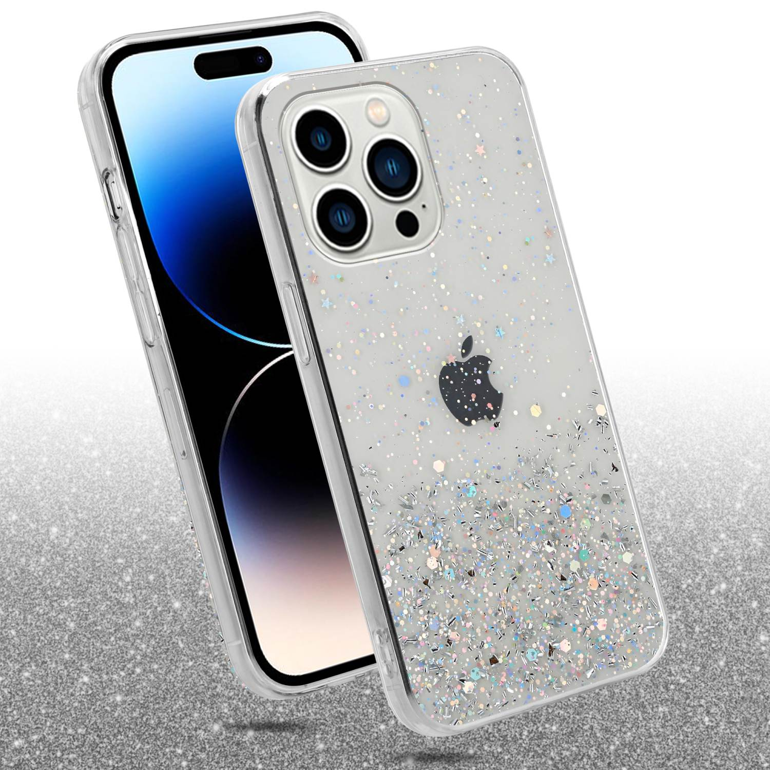 Transparente Handyhülle mit Glitzer. Daneben ein Smartphone. Weißer Hintergrund mit Glitzereffekt.