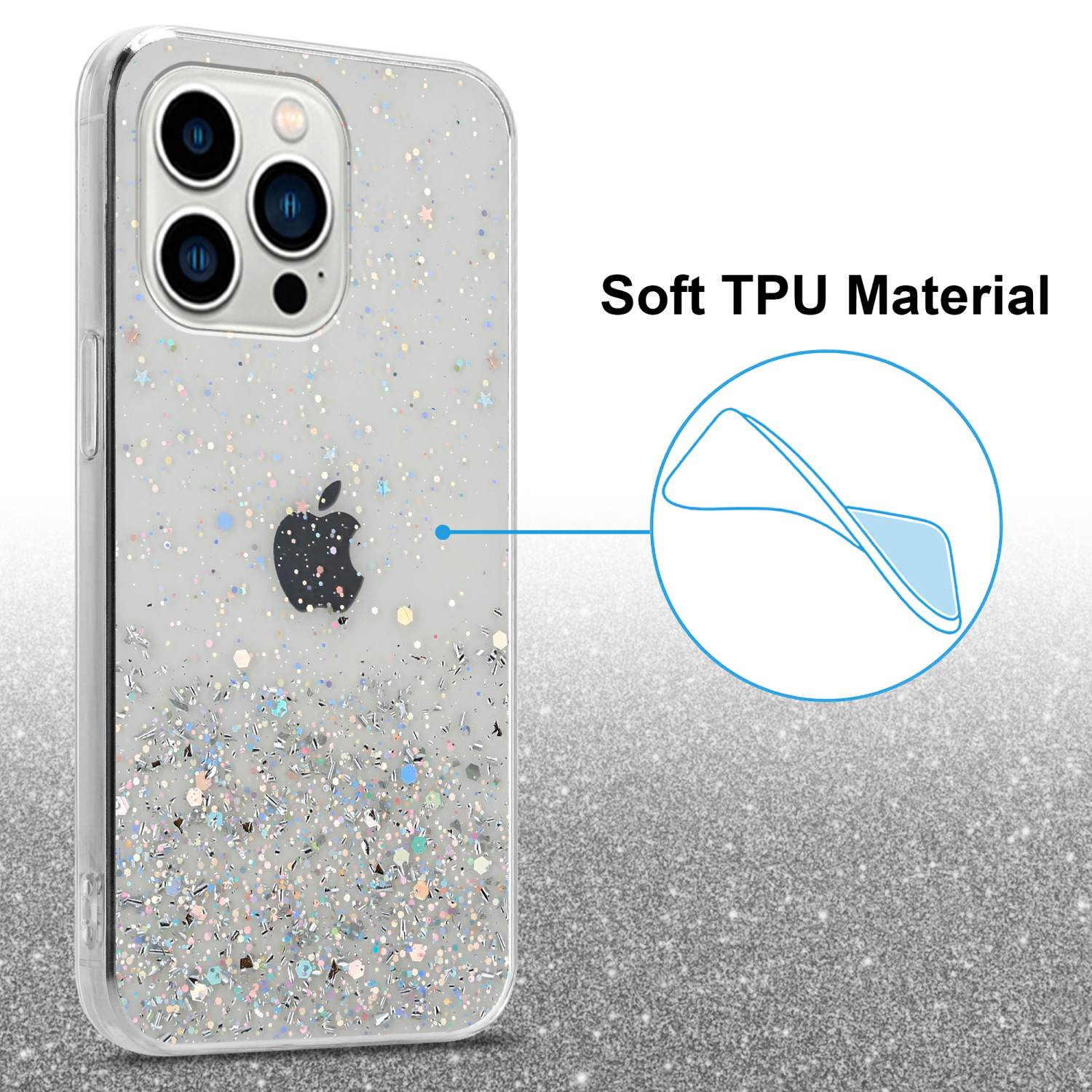 Transparente Handyhülle mit Glitzer und schwarzem Apple-Logo. Die Hülle wird aus der Nähe gezeigt.