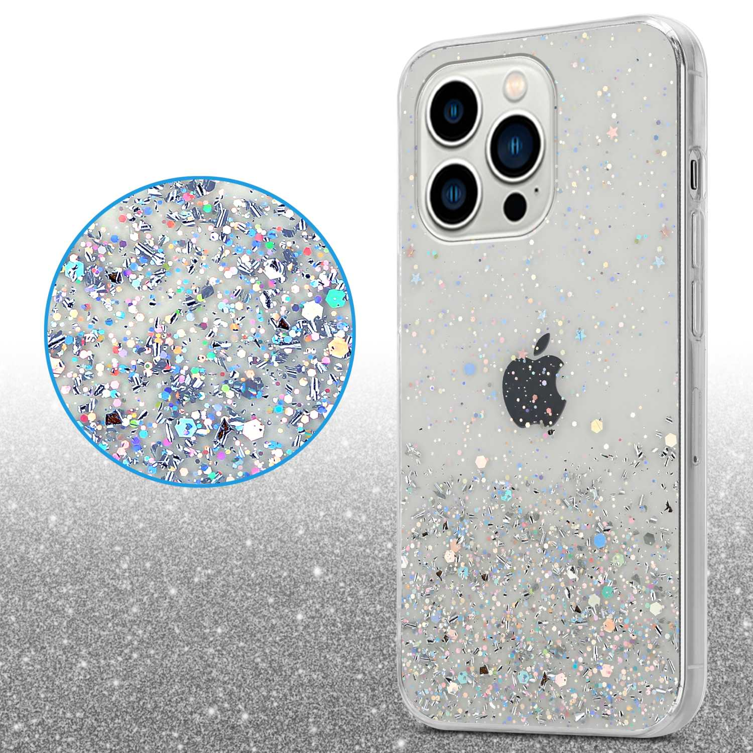 Eine transparente Handyhülle mit Glitzer. Die Hülle hat ein Apple-Logo und Kameraaussparungen.